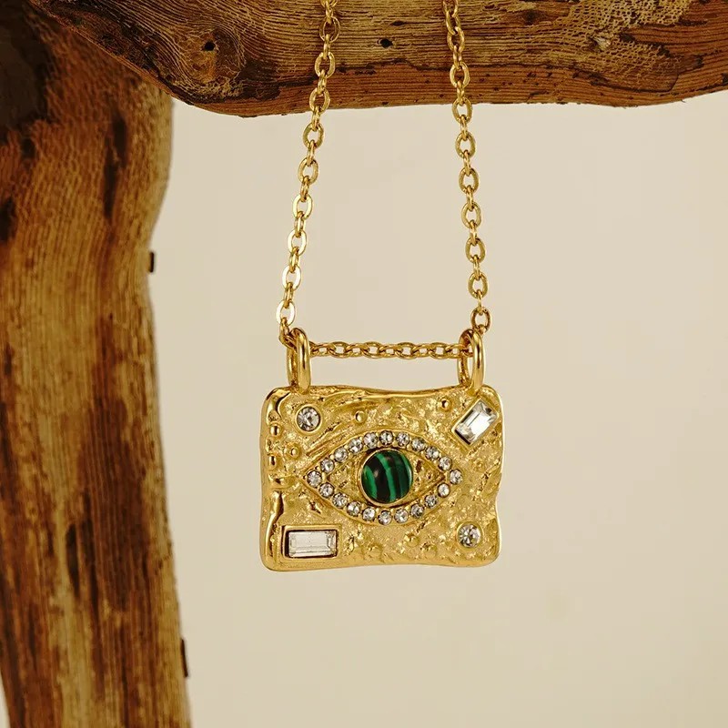 Retro Oval Eye Stainless Steel Plating Inlay Gem Pearl 18K Gold Plated Pendant Necklace Long Necklace_colorza_3
