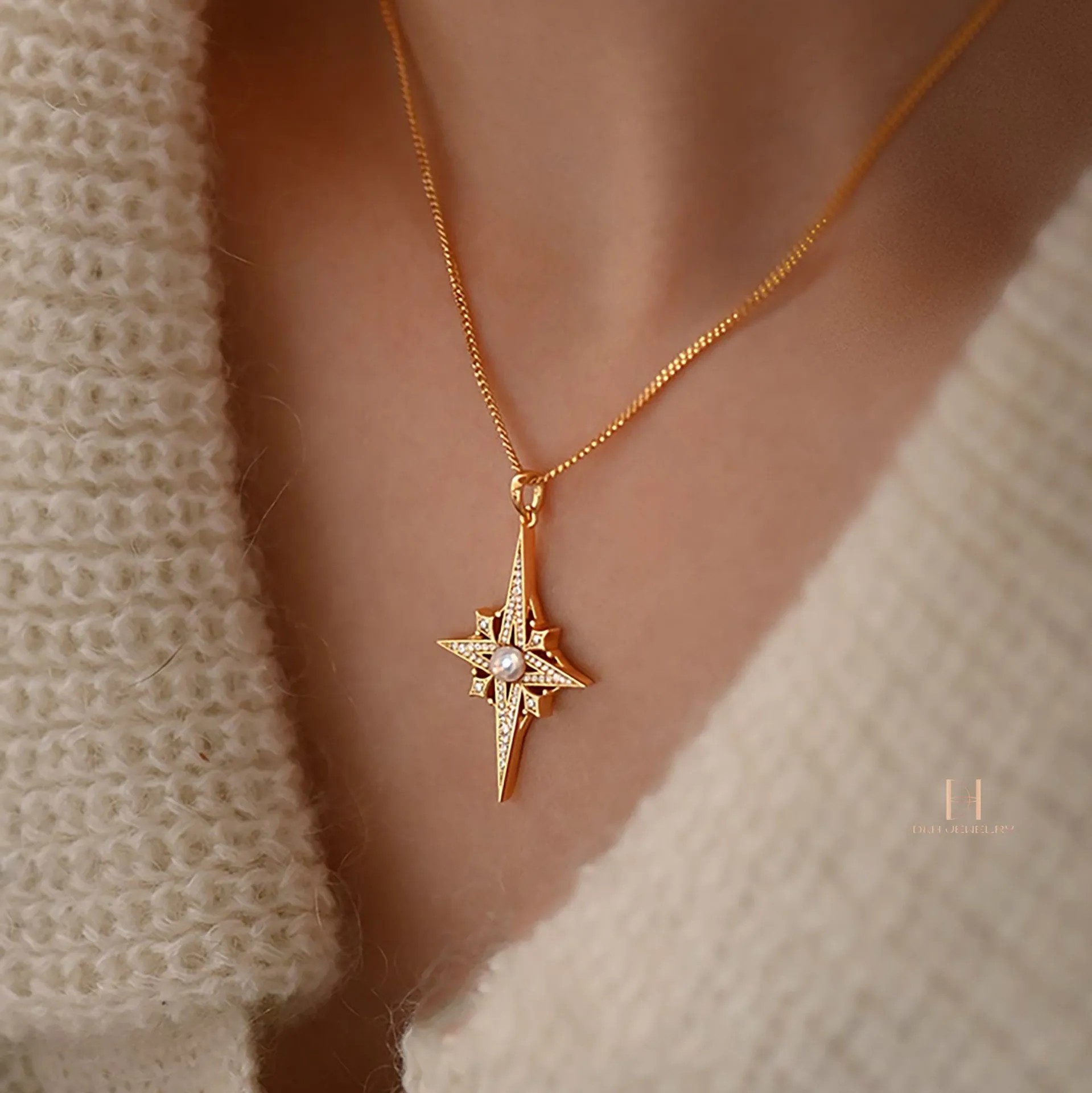Sweet Commute Shiny Four Eight-Pointed Stars Stainless Steel Plating Inlay Zircon Gold Plated Pendant Necklace_colorza_1