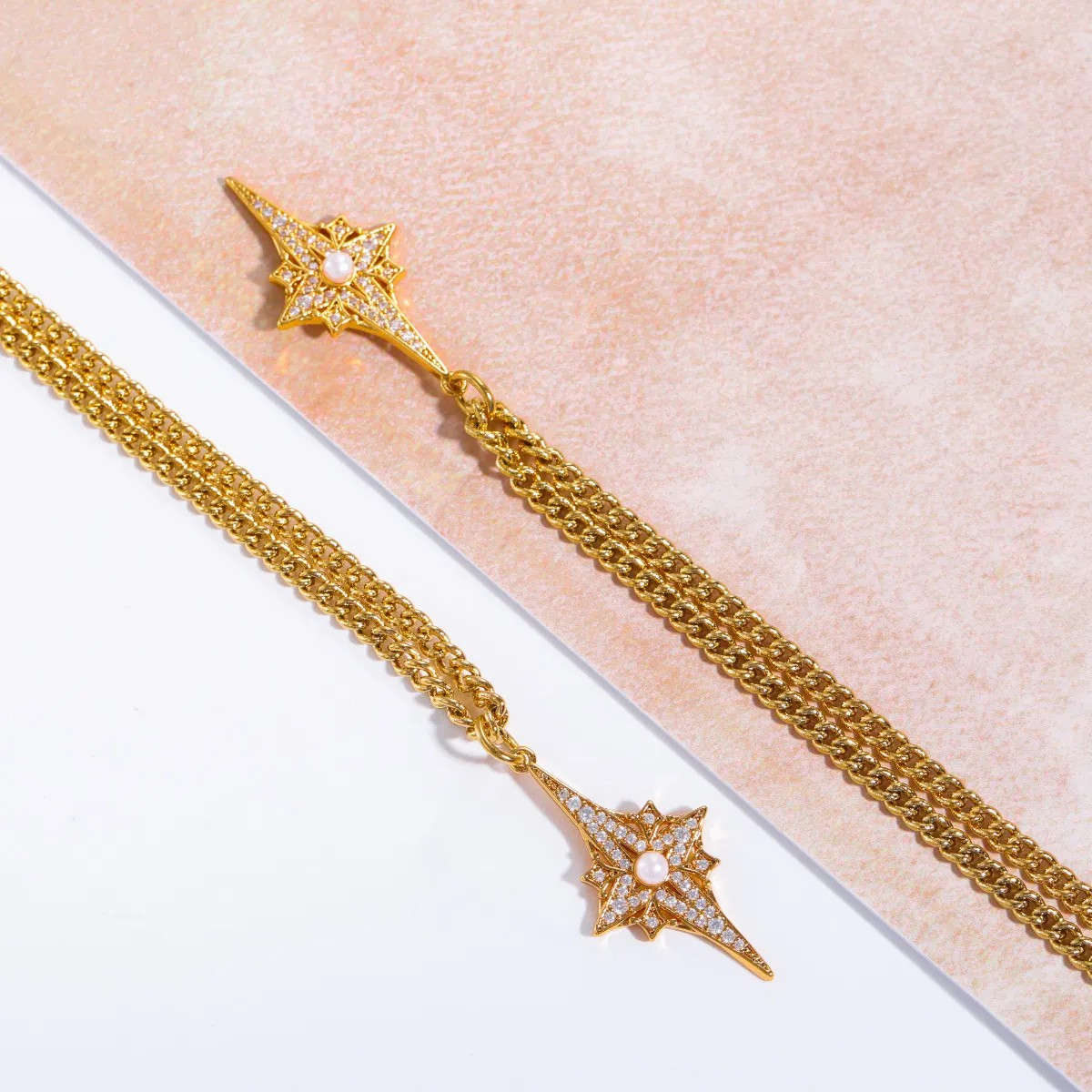 Sweet Commute Shiny Four Eight-Pointed Stars Stainless Steel Plating Inlay Zircon Gold Plated Pendant Necklace_colorza_3