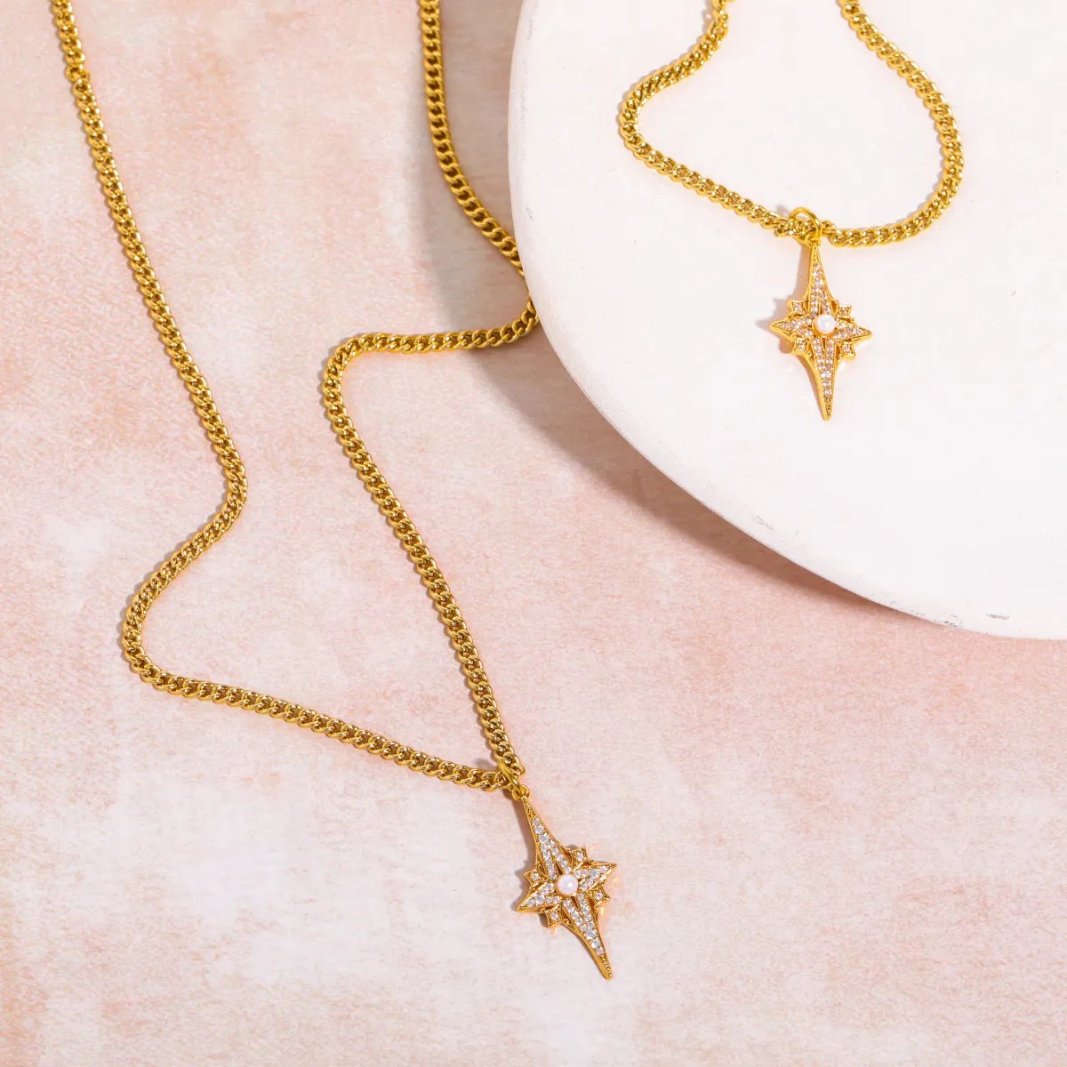 Sweet Commute Shiny Four Eight-Pointed Stars Stainless Steel Plating Inlay Zircon Gold Plated Pendant Necklace_colorza_4
