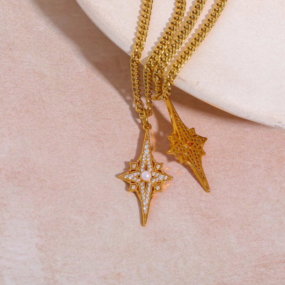 Sweet Commute Shiny Four Eight-Pointed Stars Stainless Steel Plating Inlay Zircon Gold Plated Pendant Necklace_colorza_5