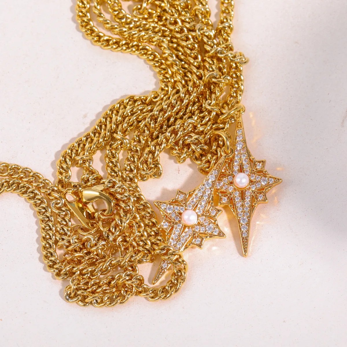 Sweet Commute Shiny Four Eight-Pointed Stars Stainless Steel Plating Inlay Zircon Gold Plated Pendant Necklace_colorza_6