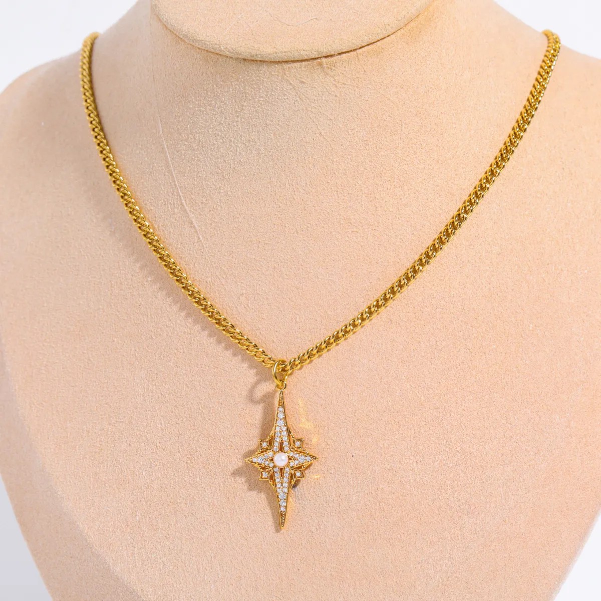 Sweet Commute Shiny Four Eight-Pointed Stars Stainless Steel Plating Inlay Zircon Gold Plated Pendant Necklace_colorza_7