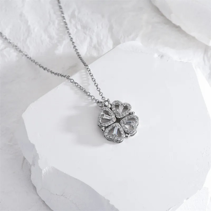 Elegant Luxurious Four Leaf Clover Heart Shape Titanium Steel Polishing Plating Inlay Rhinestones 18K Gold Plated Pendant Necklace_colorza_1