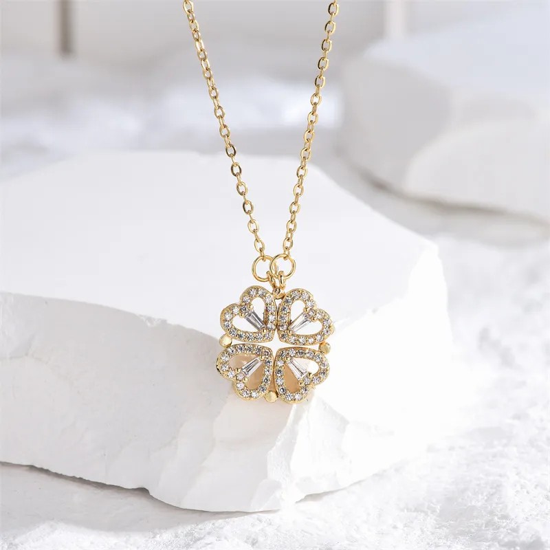 Elegant Luxurious Four Leaf Clover Heart Shape Titanium Steel Polishing Plating Inlay Rhinestones 18K Gold Plated Pendant Necklace_colorza_2