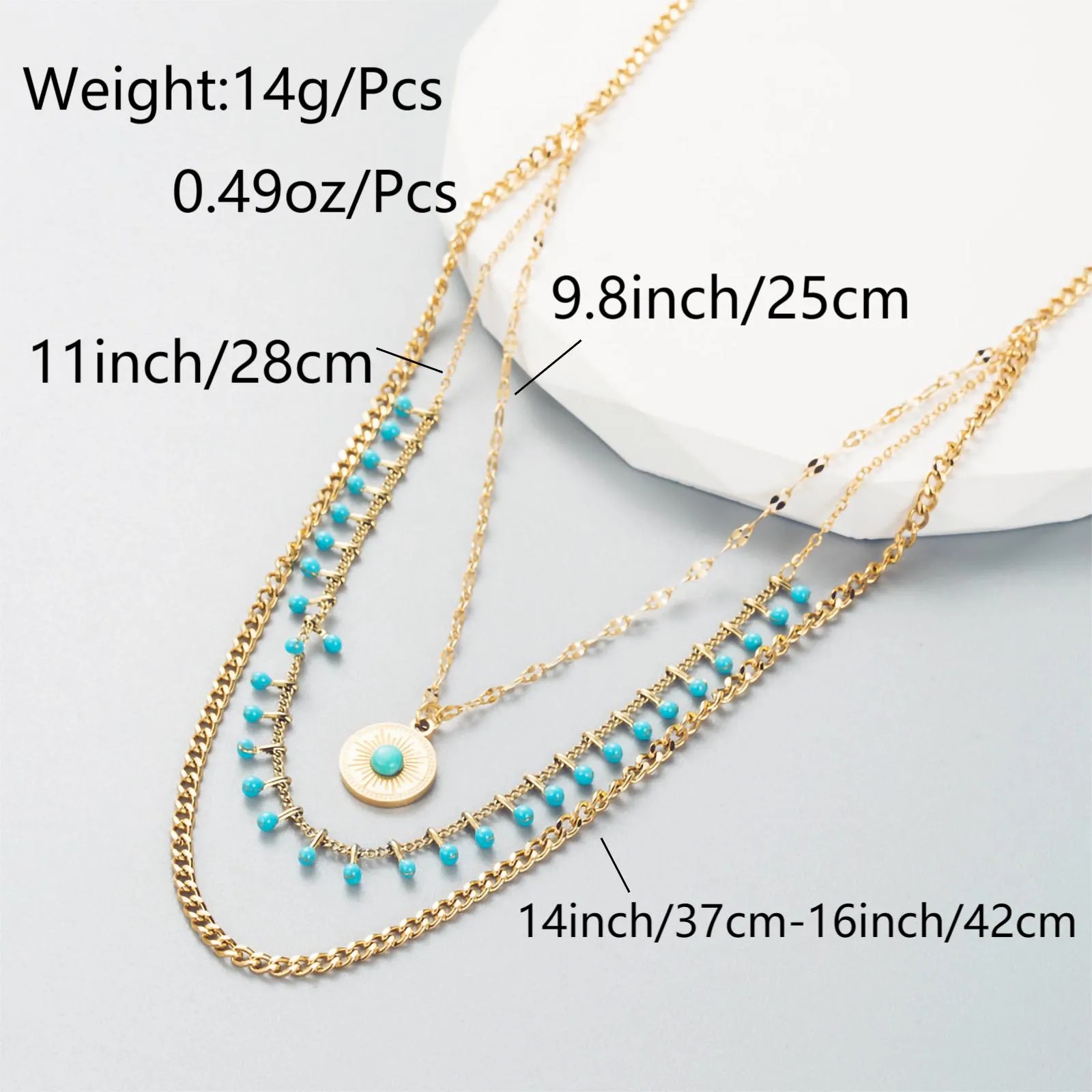 Vintage Style Exaggerated Round Titanium Steel Plating Inlay Turquoise 18K Gold Plated Layered Necklaces_colorza_1