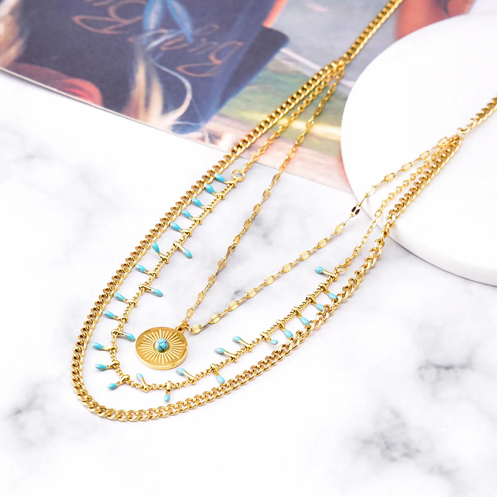 Vintage Style Exaggerated Round Titanium Steel Plating Inlay Turquoise 18K Gold Plated Layered Necklaces_colorza_2