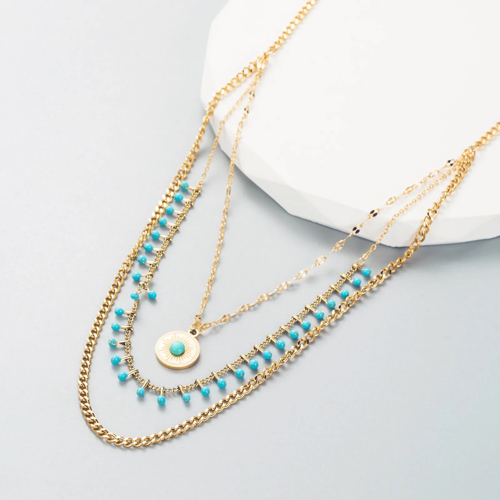 Vintage Style Exaggerated Round Titanium Steel Plating Inlay Turquoise 18K Gold Plated Layered Necklaces_colorza_3