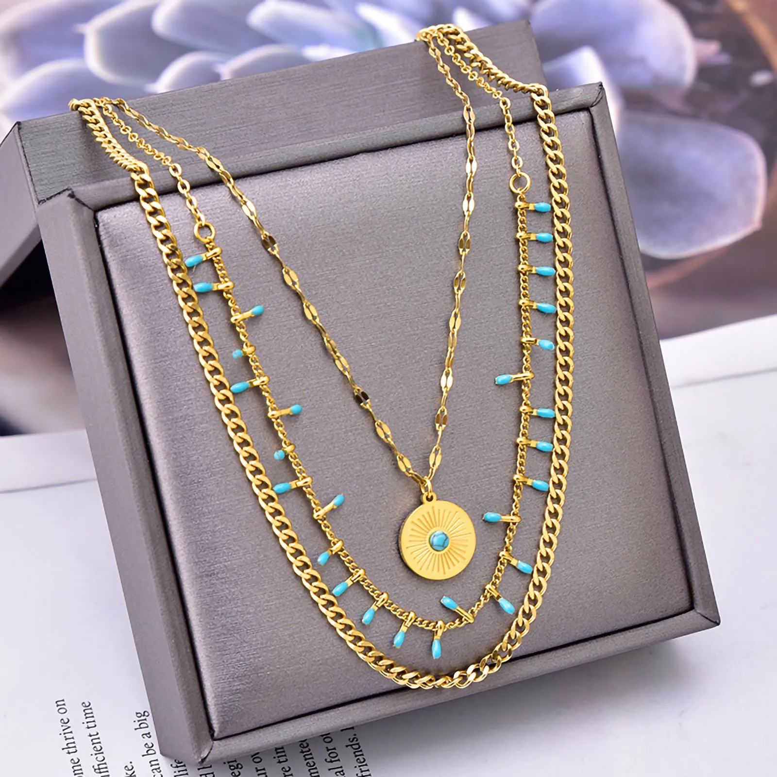 Vintage Style Exaggerated Round Titanium Steel Plating Inlay Turquoise 18K Gold Plated Layered Necklaces_colorza_4
