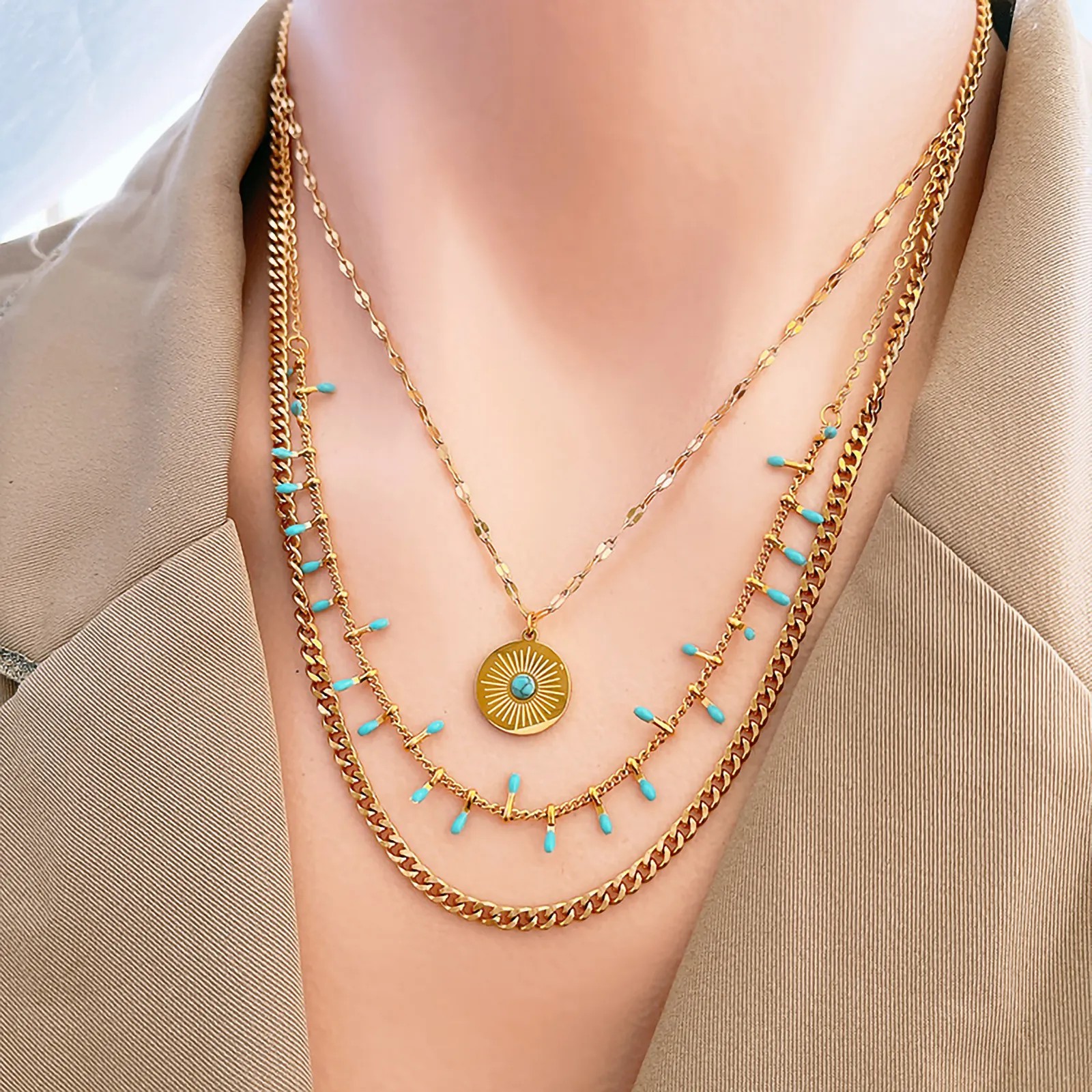 Vintage Style Exaggerated Round Titanium Steel Plating Inlay Turquoise 18K Gold Plated Layered Necklaces_colorza_5