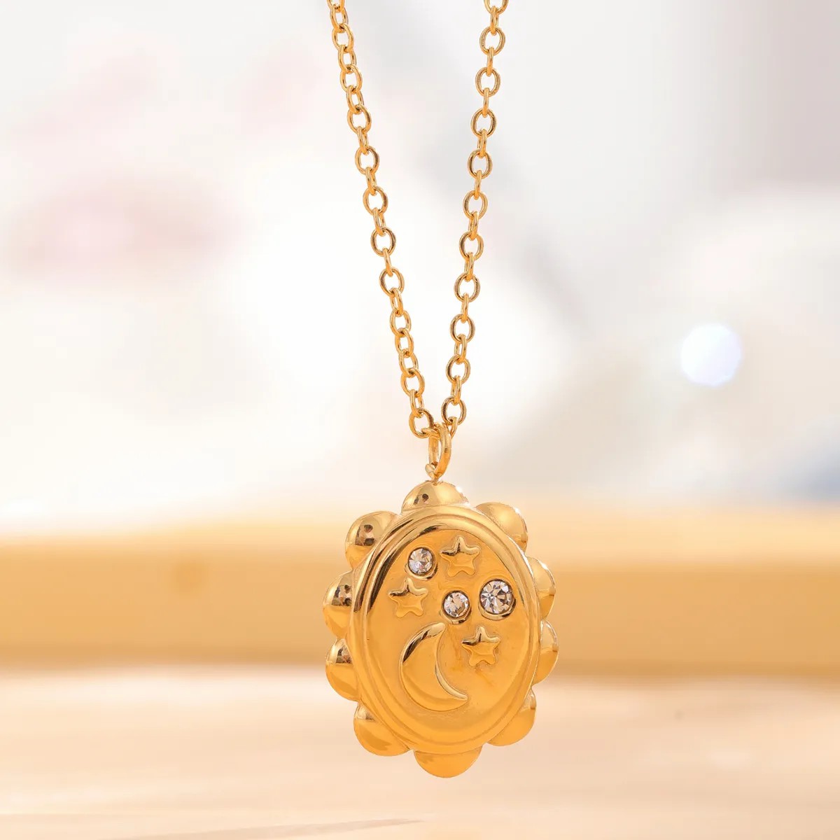 Retro Star Moon Titanium Steel Enamel Plating Inlay Natural Stone Resin Rhinestones Gold Plated Pendant Necklace_colorza_1