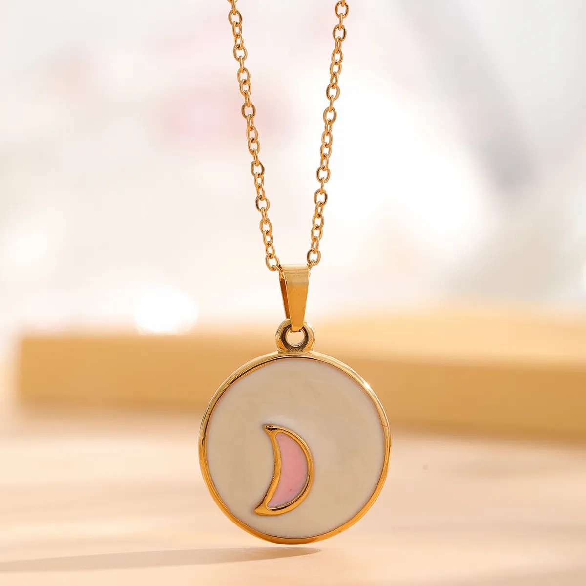 Retro Star Moon Titanium Steel Enamel Plating Inlay Natural Stone Resin Rhinestones Gold Plated Pendant Necklace_colorza_2