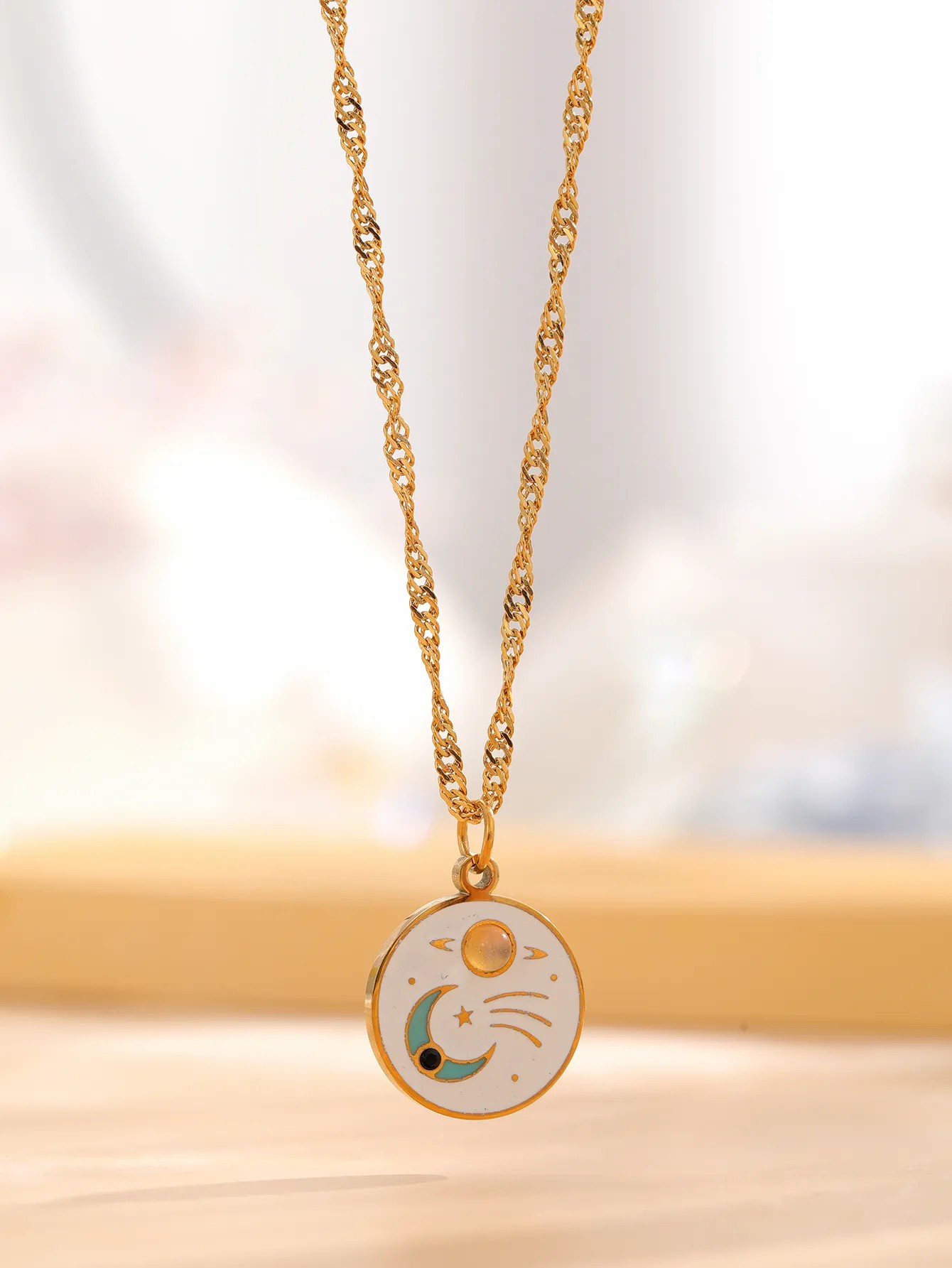 Retro Star Moon Titanium Steel Enamel Plating Inlay Natural Stone Resin Rhinestones Gold Plated Pendant Necklace_colorza_3