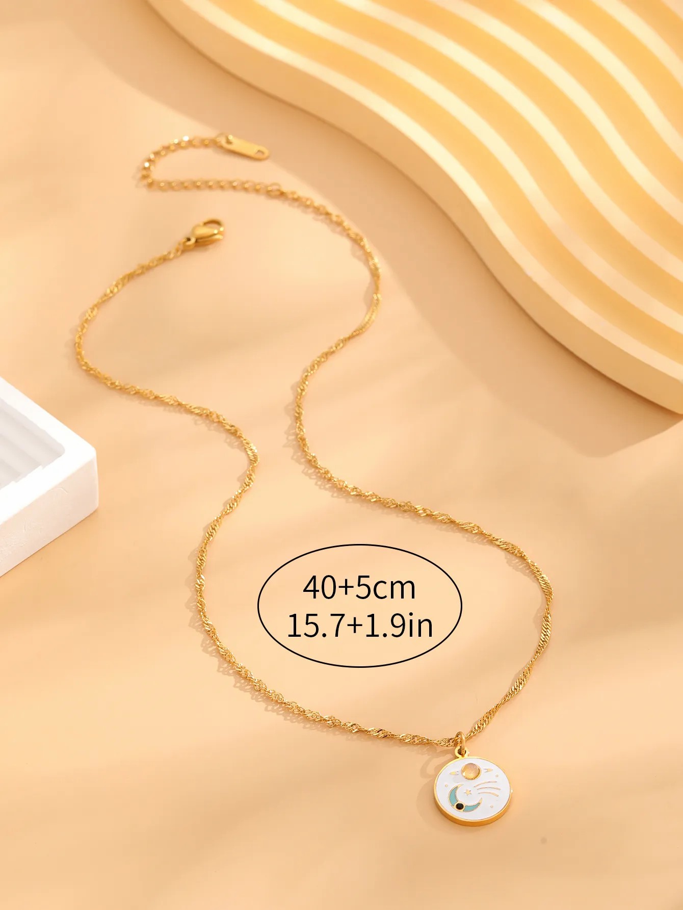 Retro Star Moon Titanium Steel Enamel Plating Inlay Natural Stone Resin Rhinestones Gold Plated Pendant Necklace_colorza_4