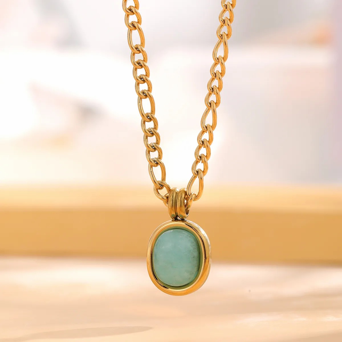 Retro Sun Oval Titanium Steel Plating Inlay Natural Stone Gold Plated Pendant Necklace_colorza_1