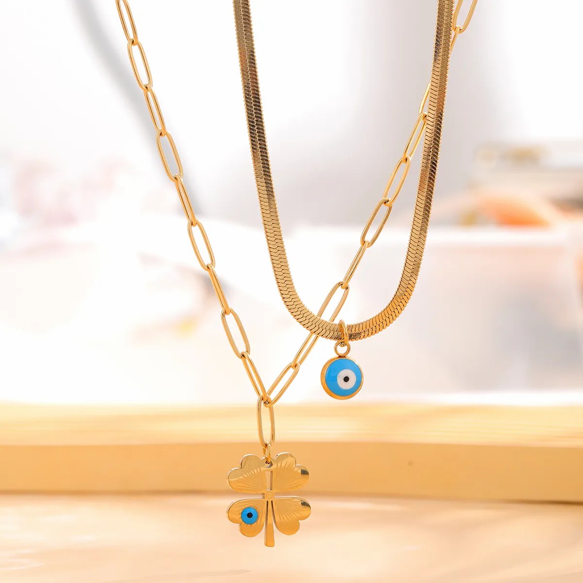 Artistic Heart Shape Eye Flower Titanium Steel Plating Inlay Resin Rhinestones Gold Plated Pendant Necklace_colorza_2