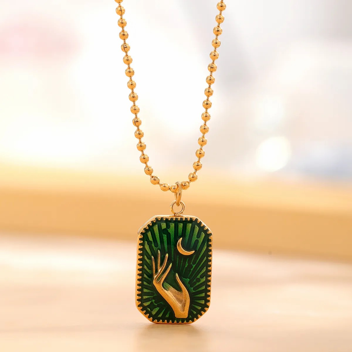 Casual Retro Square Moon Flower Titanium Steel Enamel Plating Inlay Resin Rhinestones Gold Plated Pendant Necklace_colorza_1
