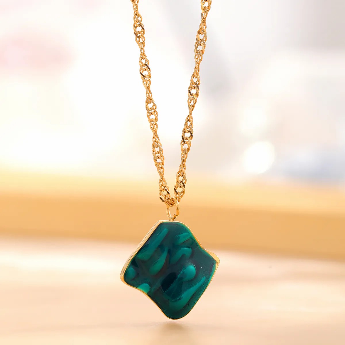 Casual Retro Square Moon Flower Titanium Steel Enamel Plating Inlay Resin Rhinestones Gold Plated Pendant Necklace_colorza_2