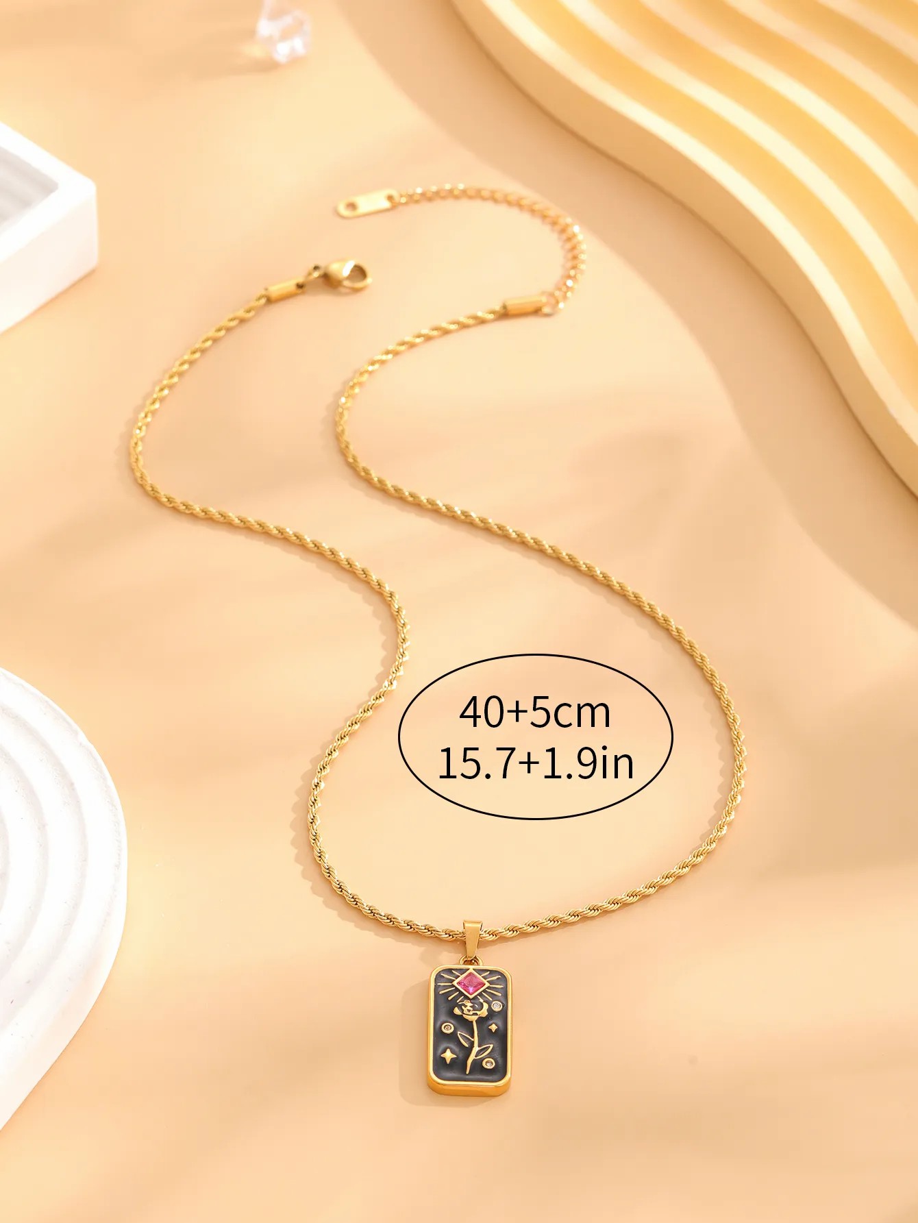 Casual Retro Square Moon Flower Titanium Steel Enamel Plating Inlay Resin Rhinestones Gold Plated Pendant Necklace_colorza_3