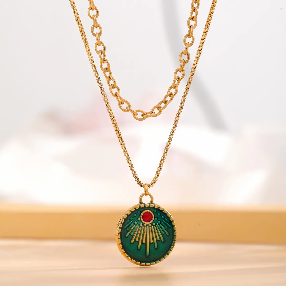 Retro Classic Style Heart Shape Eye Flower Titanium Steel Layered Plating Inlay Resin Zircon Gold Plated Layered Necklaces_colorza_2