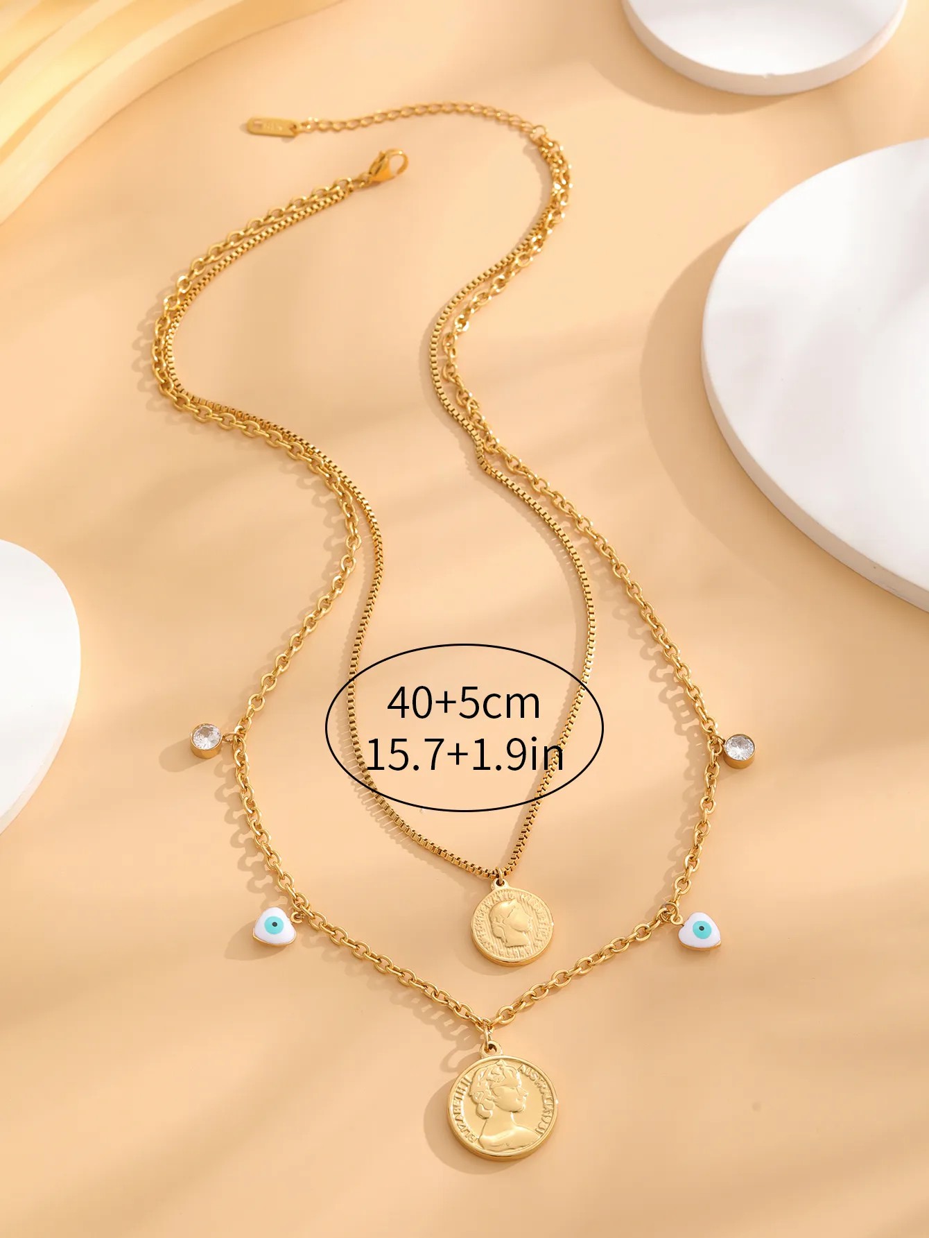 Retro Classic Style Heart Shape Eye Flower Titanium Steel Layered Plating Inlay Resin Zircon Gold Plated Layered Necklaces_colorza_3
