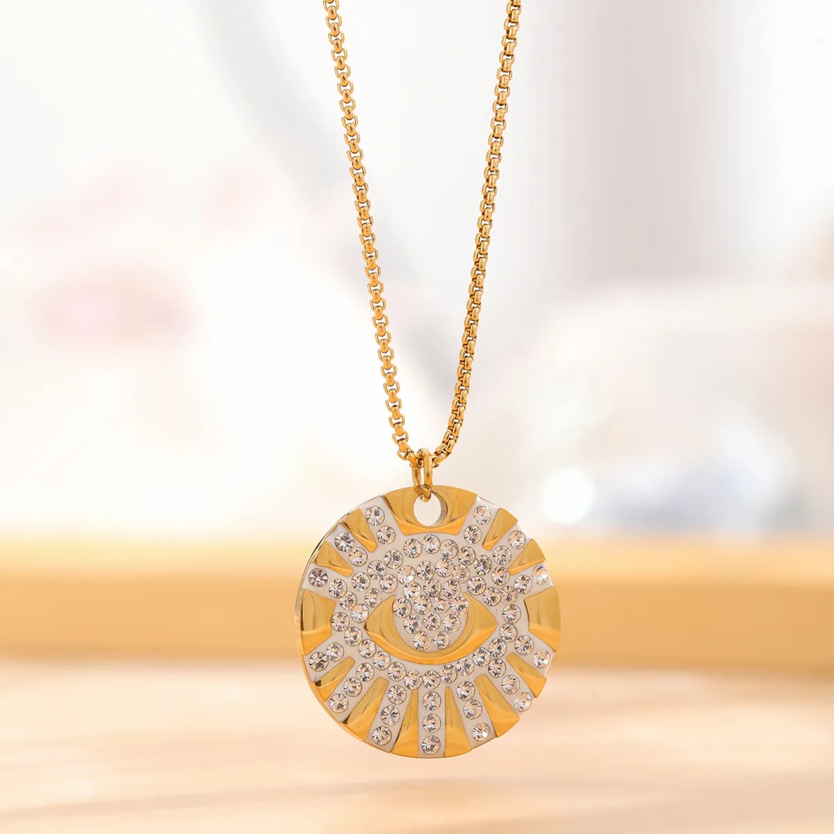 Retro Classic Style Tree Eye Titanium Steel Enamel Plating Hollow Out Rhinestones Zircon Gold Plated Necklace_colorza_1