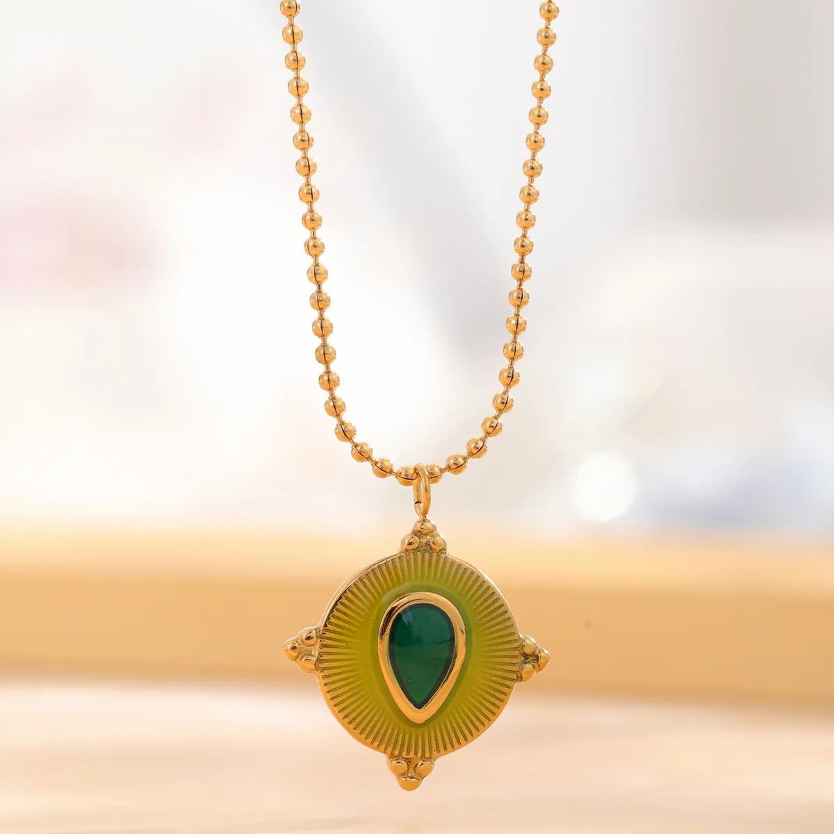 Retro Classic Style Sun Eye Titanium Steel Enamel Plating Inlay Rhinestones Gold Plated Necklace_colorza_1