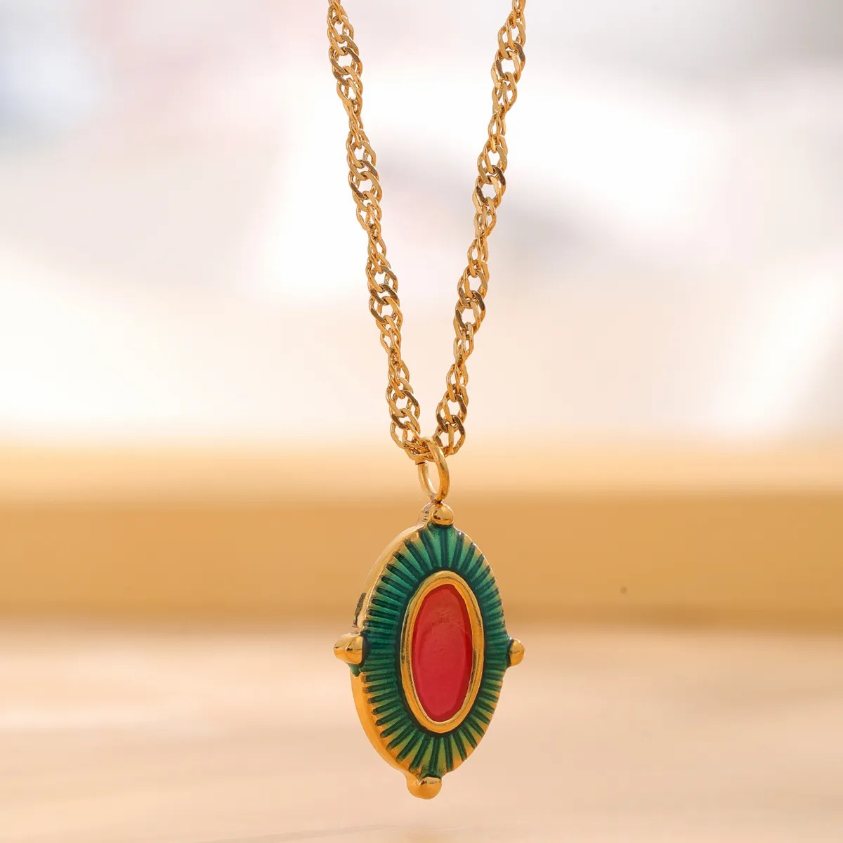 Retro Color Block Eye Titanium Steel Enamel Plating Gold Plated Pendant Necklace_colorza_2