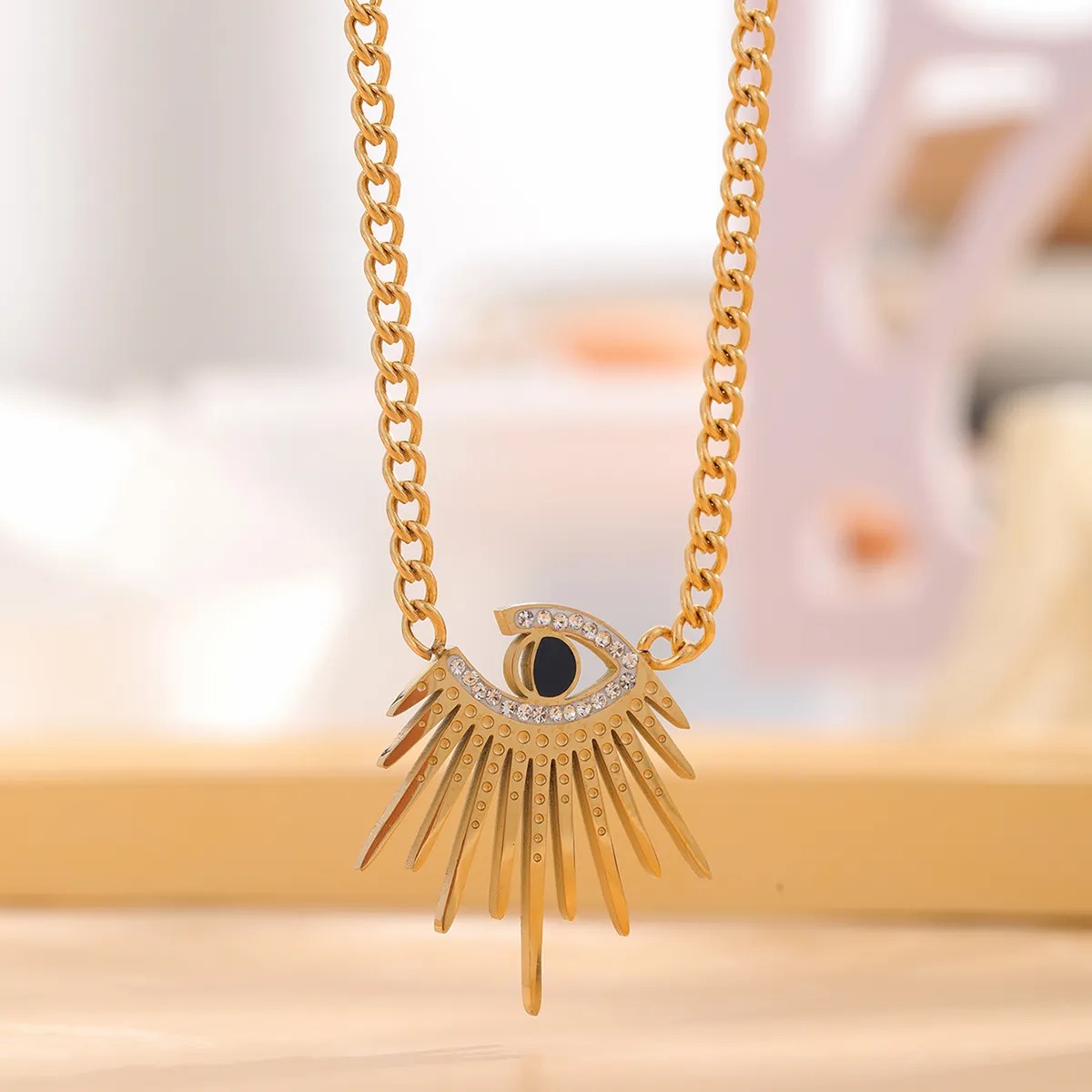 Retro Artistic Eye Titanium Steel Enamel Plating Inlay Rhinestones Gold Plated Pendant Necklace_colorza_1