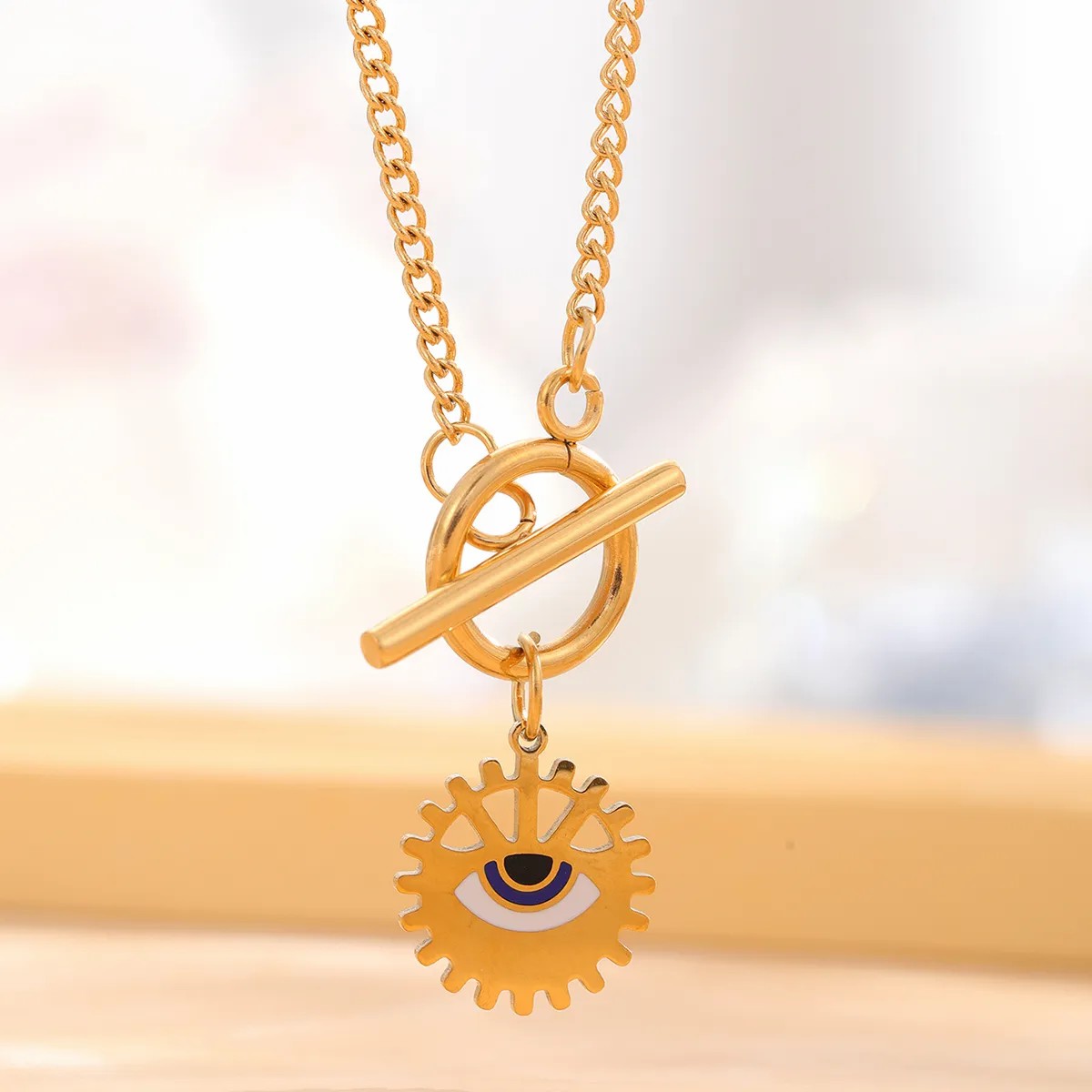 Retro Artistic Eye Titanium Steel Enamel Plating Inlay Rhinestones Gold Plated Pendant Necklace_colorza_2