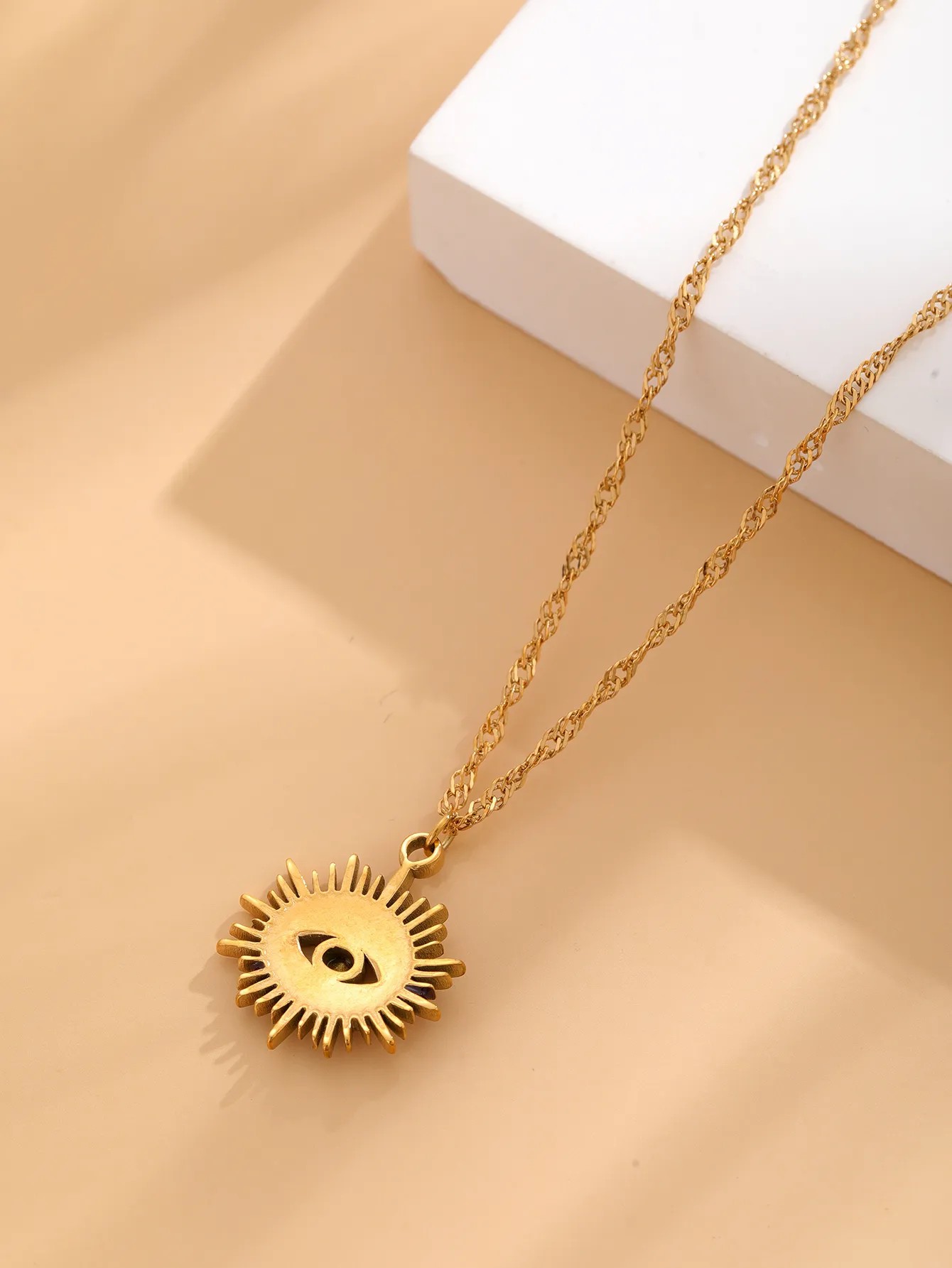 Retro Artistic Eye Titanium Steel Enamel Plating Inlay Rhinestones Gold Plated Pendant Necklace_colorza_4