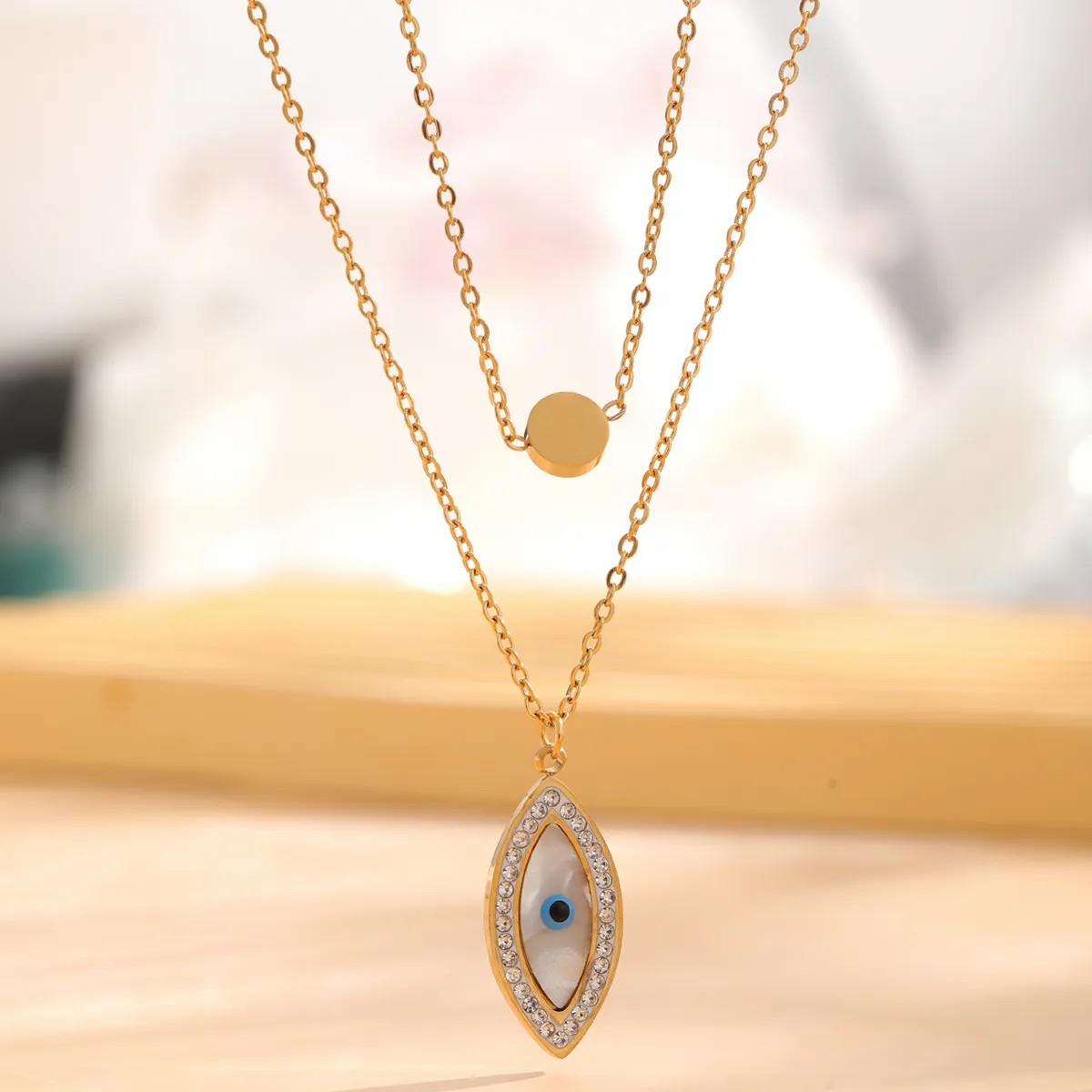 Retro Palm Eye Butterfly Titanium Steel Plating Inlay Shell Zircon Gold Plated Pendant Necklace_colorza_1