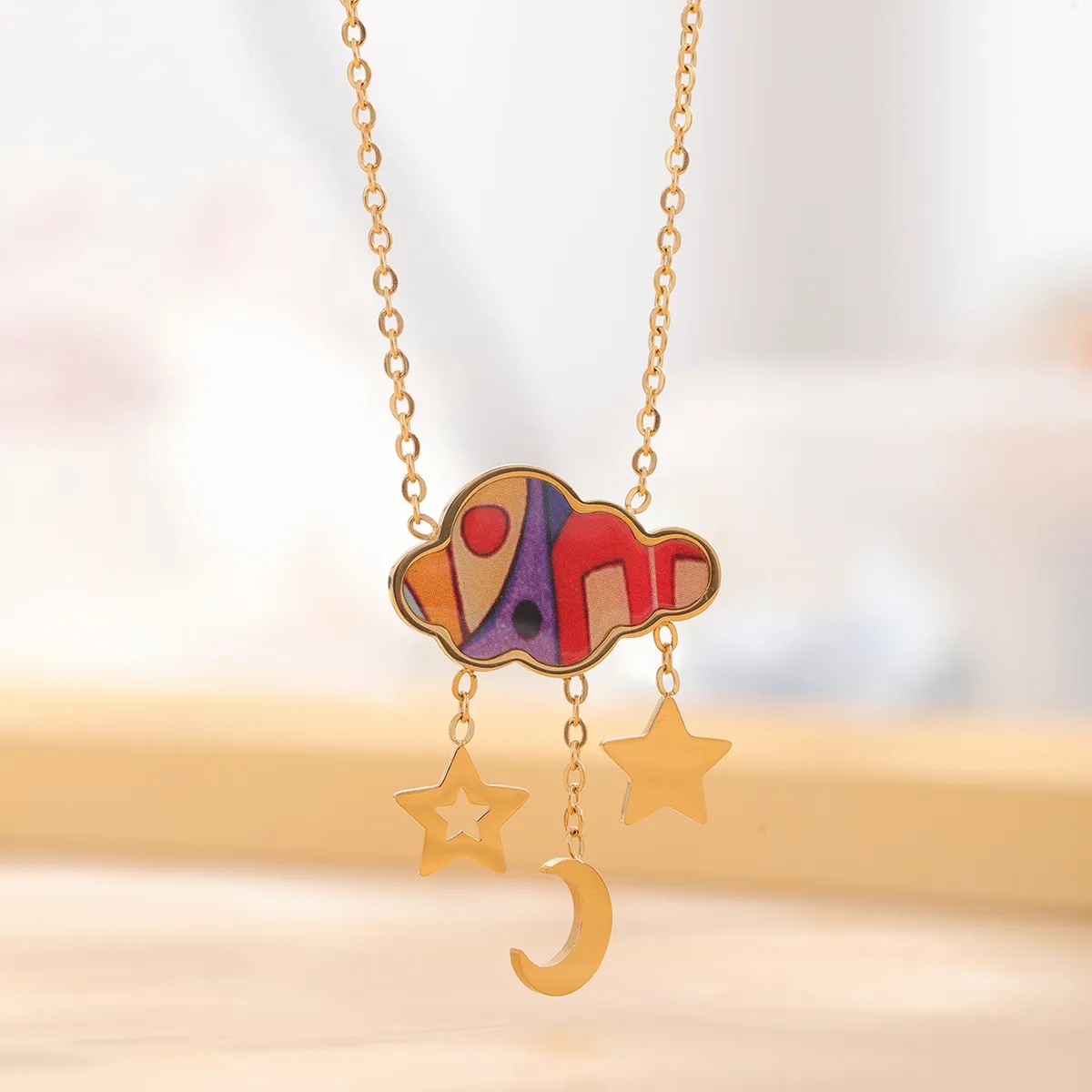 Retro Artistic Clouds Star Flower Titanium Steel Enamel Plating Inlay Resin Rhinestones Gold Plated Pendant Necklace_colorza_2