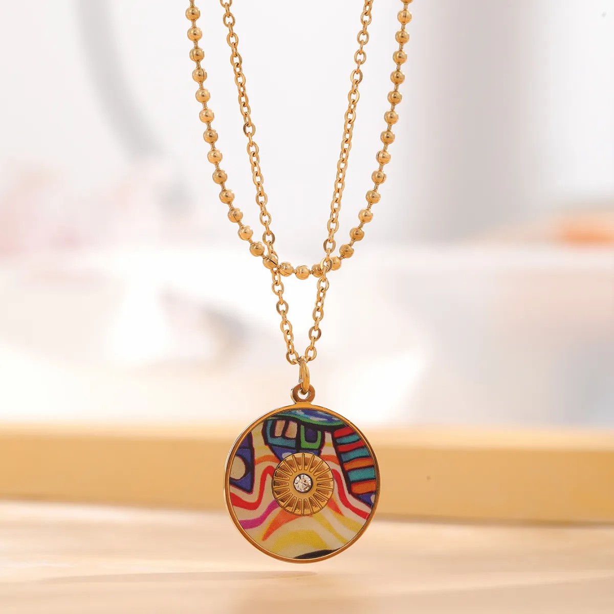 Retro Artistic Clouds Star Flower Titanium Steel Enamel Plating Inlay Resin Rhinestones Gold Plated Pendant Necklace_colorza_3