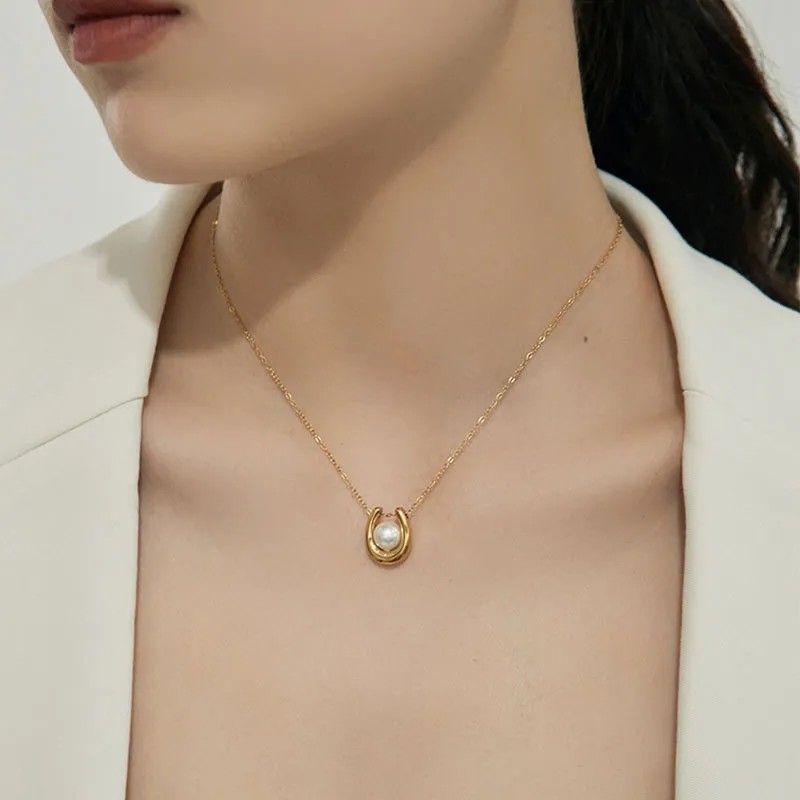 Vintage Style Pearl Titanium Steel Plating 18K Gold Plated Pendant Necklace_colorza_3