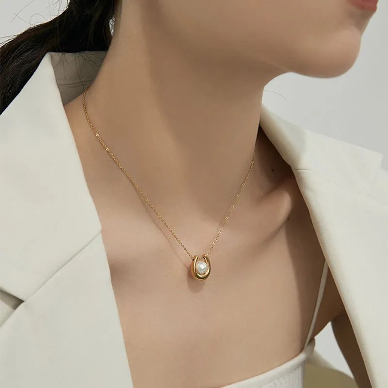 Vintage Style Pearl Titanium Steel Plating 18K Gold Plated Pendant Necklace_colorza_4