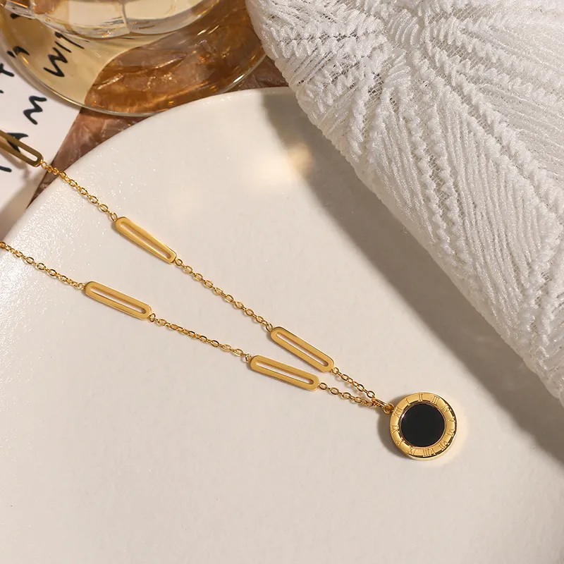 IG Style Simple Style Round Number Titanium Steel Plating Inlay Shell 18K Gold Plated Pendant Necklace_colorza_4
