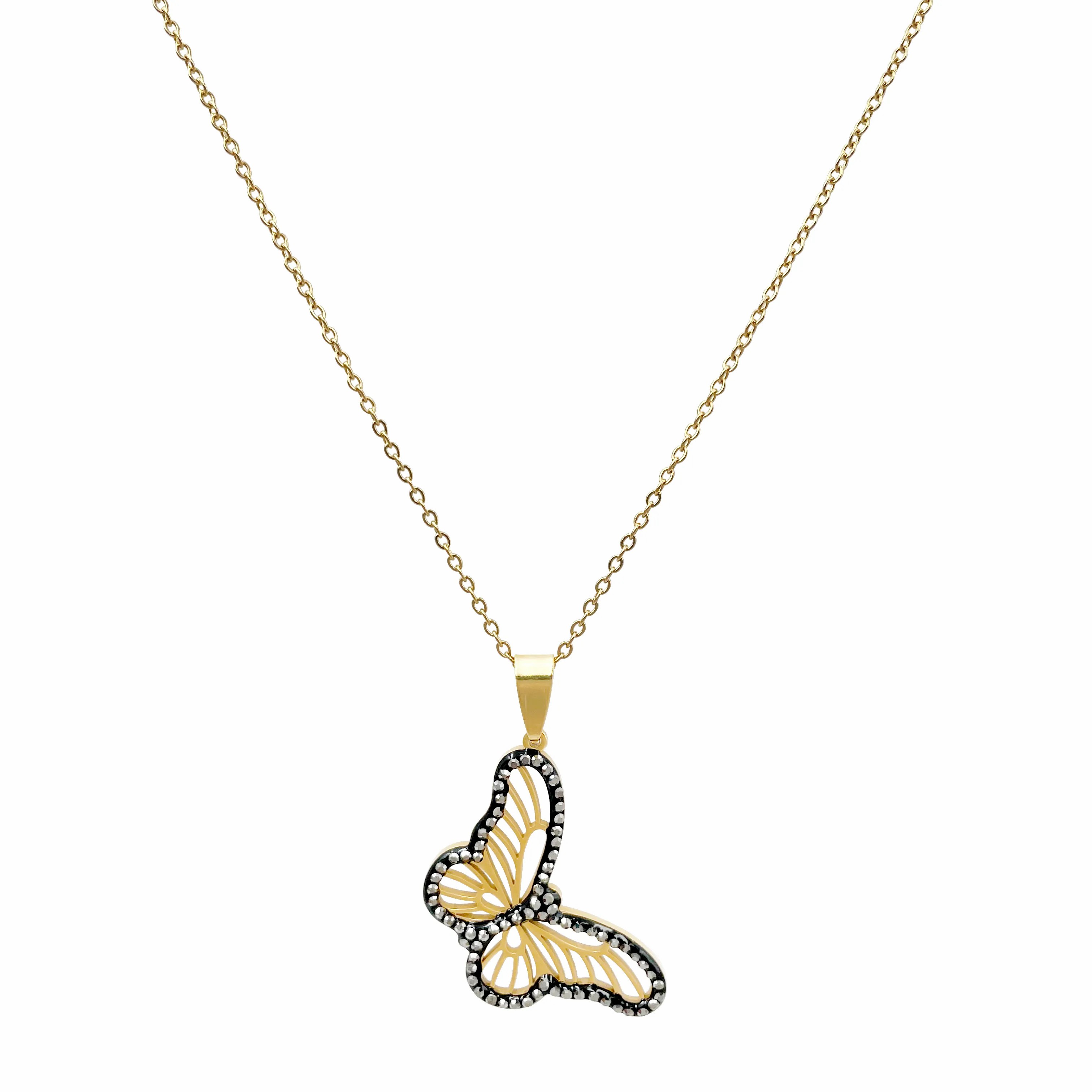Classical Vintage Style Romantic Butterfly Stainless Steel Plating Hollow Out Inlay Zircon Gold Plated Pendant Necklace_colorza_4