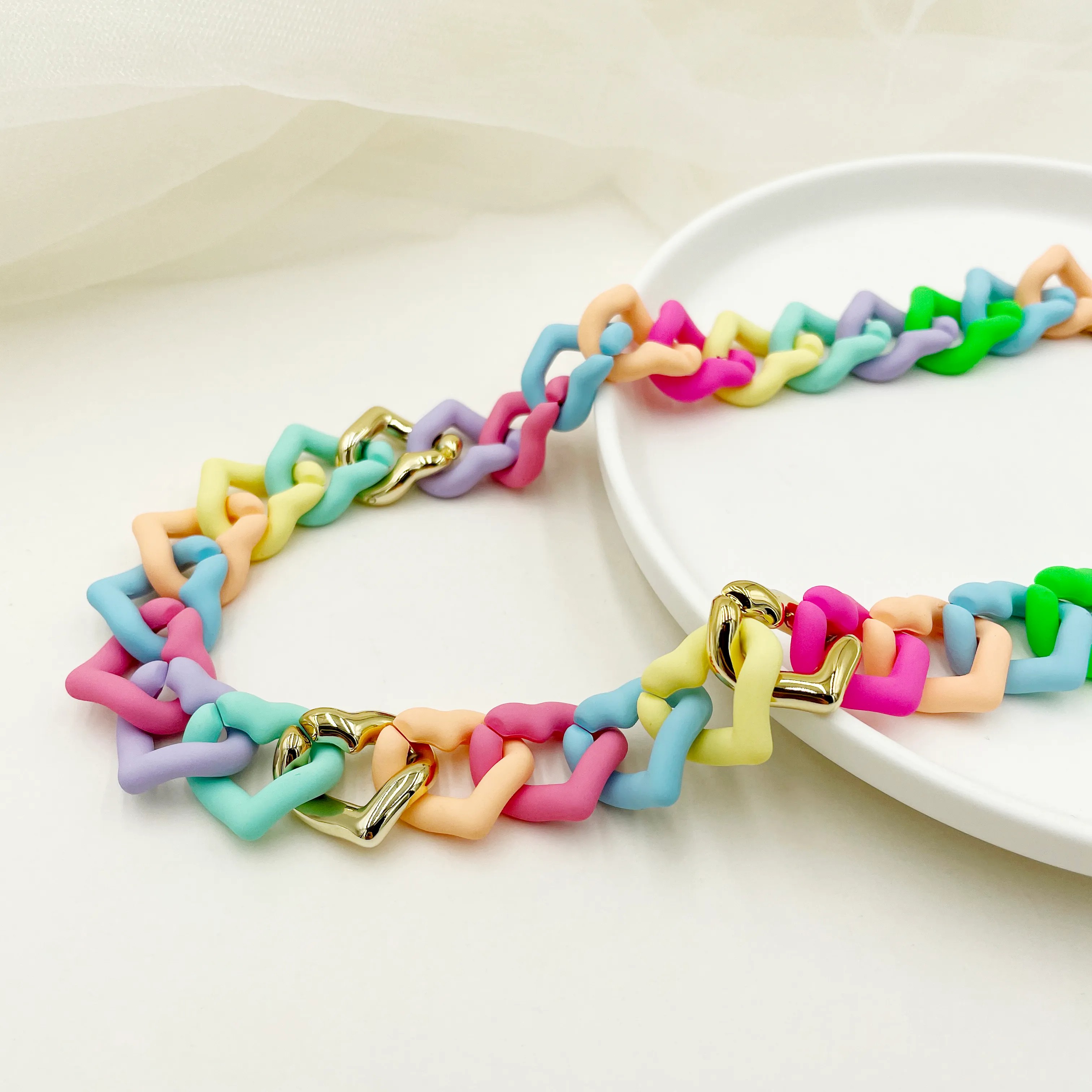 Hip-Hop Rock Sweet Colorful Heart Shape Stainless Steel Arylic Patchwork Plating Gold Plated Necklace_colorza_1