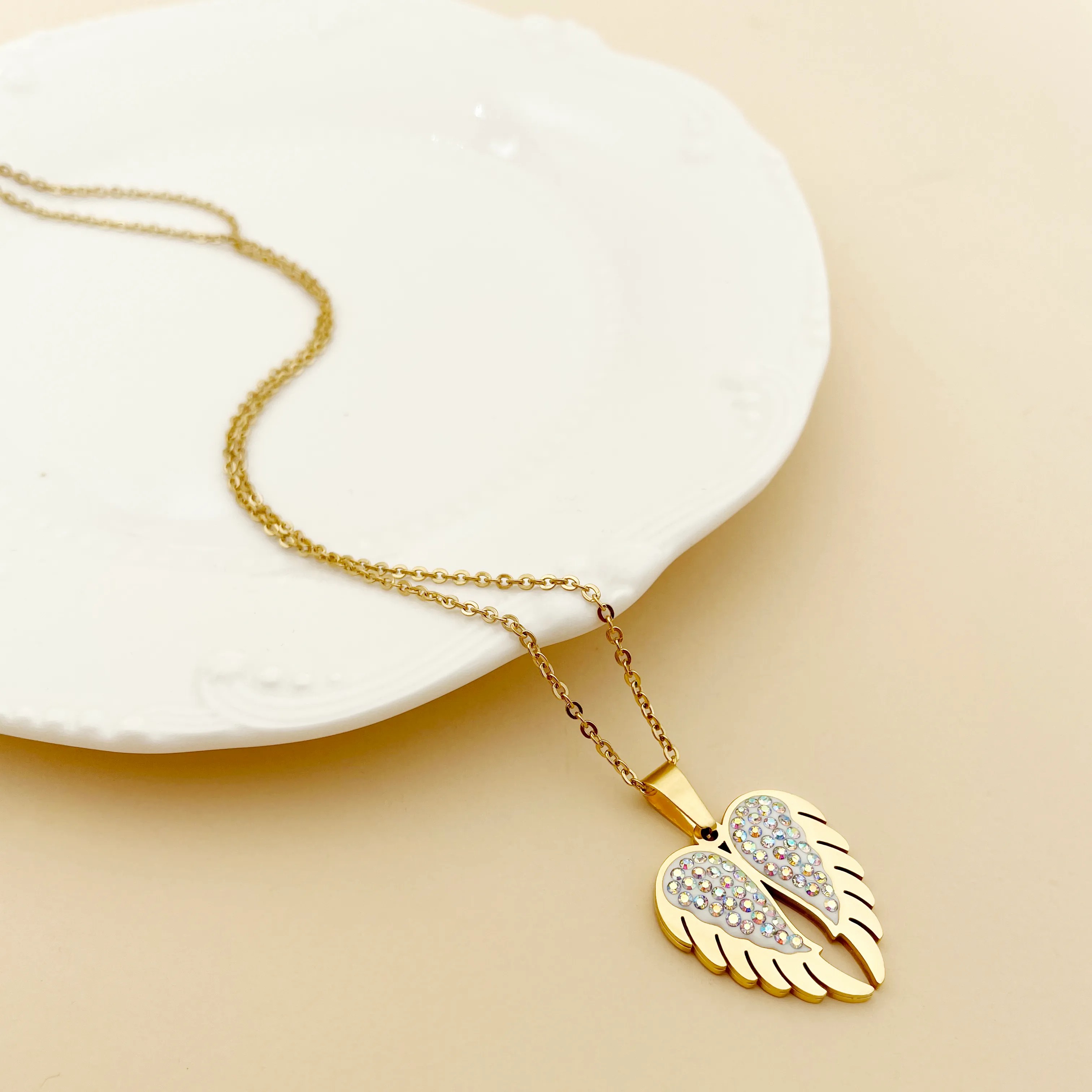 Casual Romantic Heart Shape Wings Stainless Steel Polishing Plating Inlay Zircon Gold Plated Pendant Necklace_colorza_1