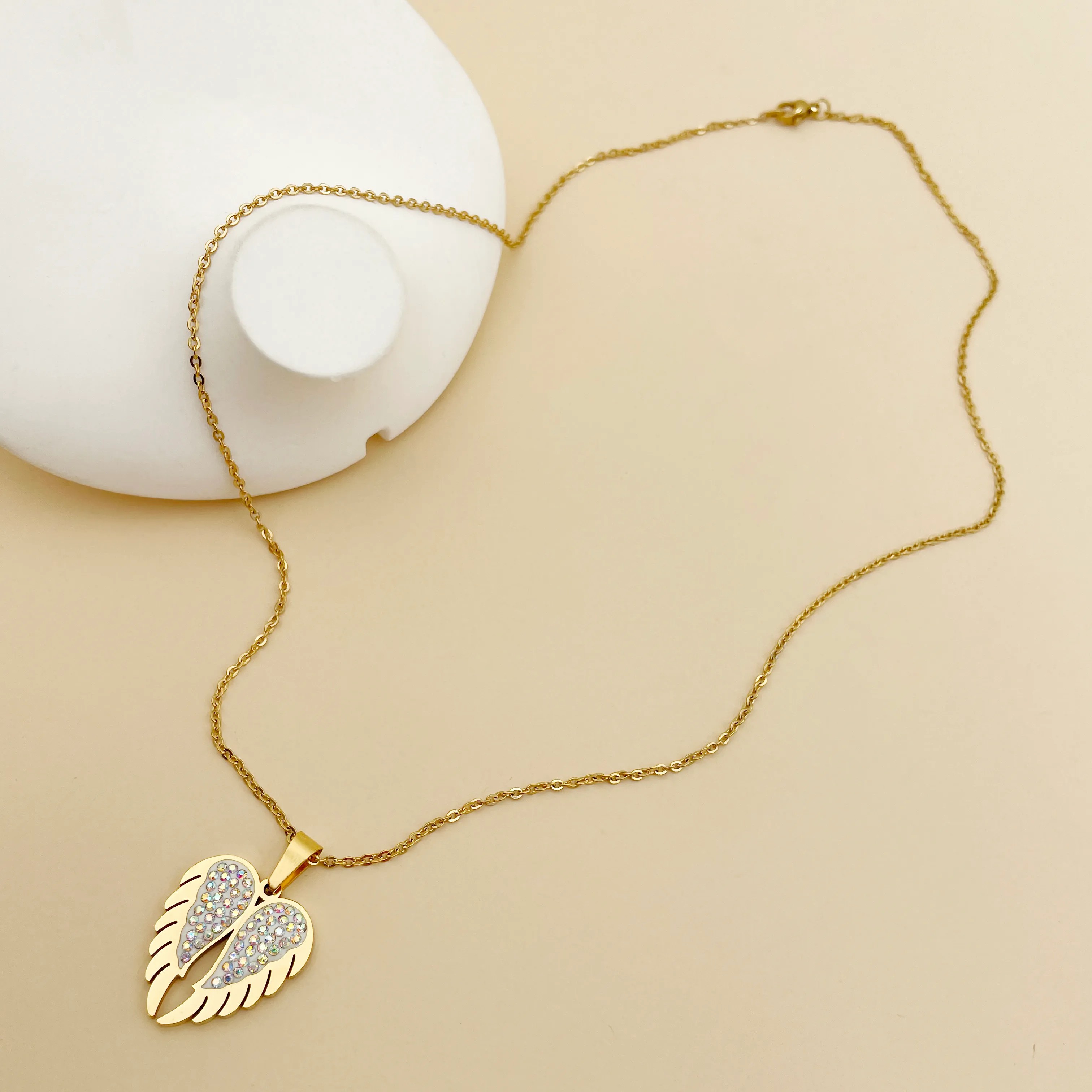 Casual Romantic Heart Shape Wings Stainless Steel Polishing Plating Inlay Zircon Gold Plated Pendant Necklace_colorza_2