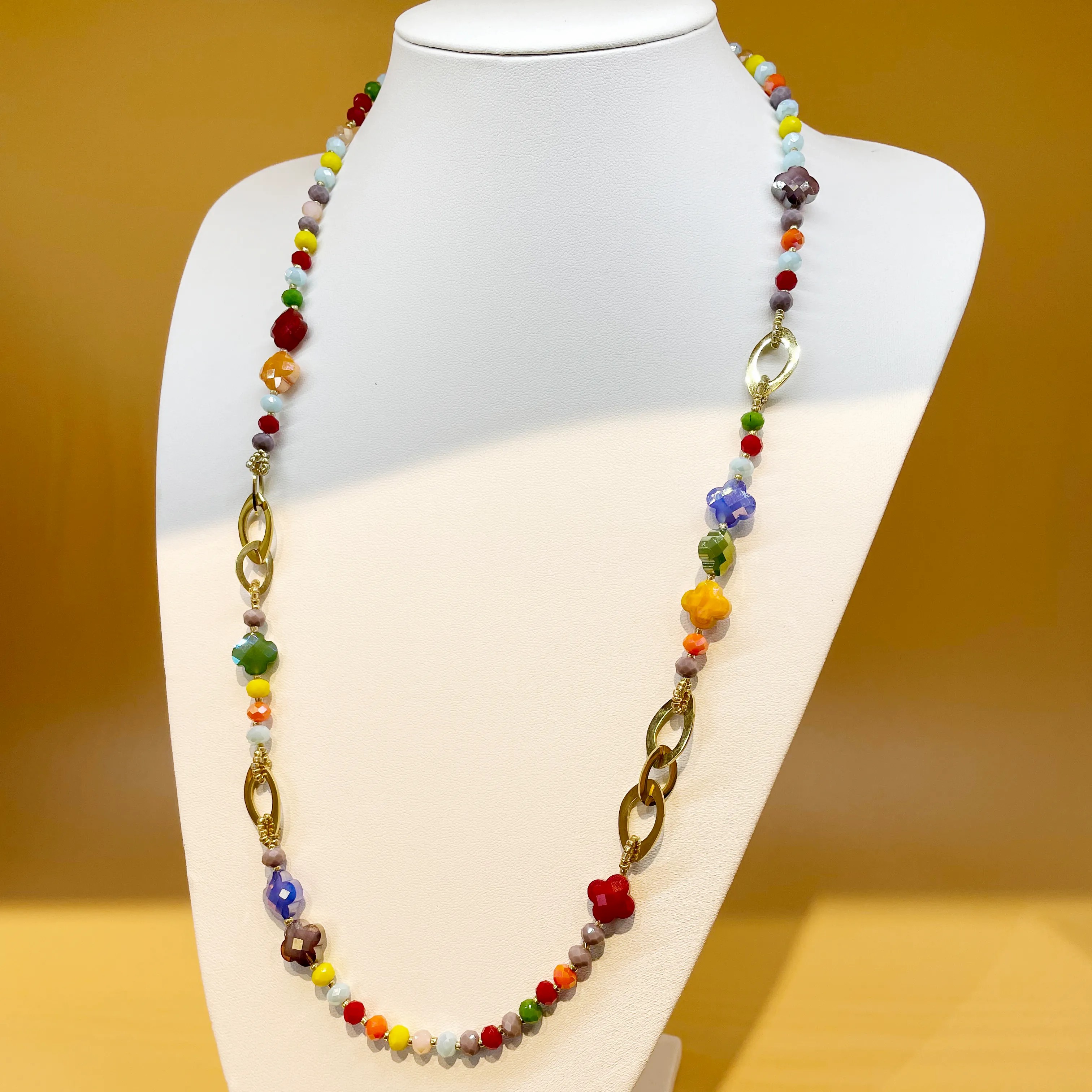 Hip-Hop Shiny Four Leaf Clover Stainless Steel Artificial Crystal Beaded Patchwork Plating Gold Plated Long Necklace_colorza_1