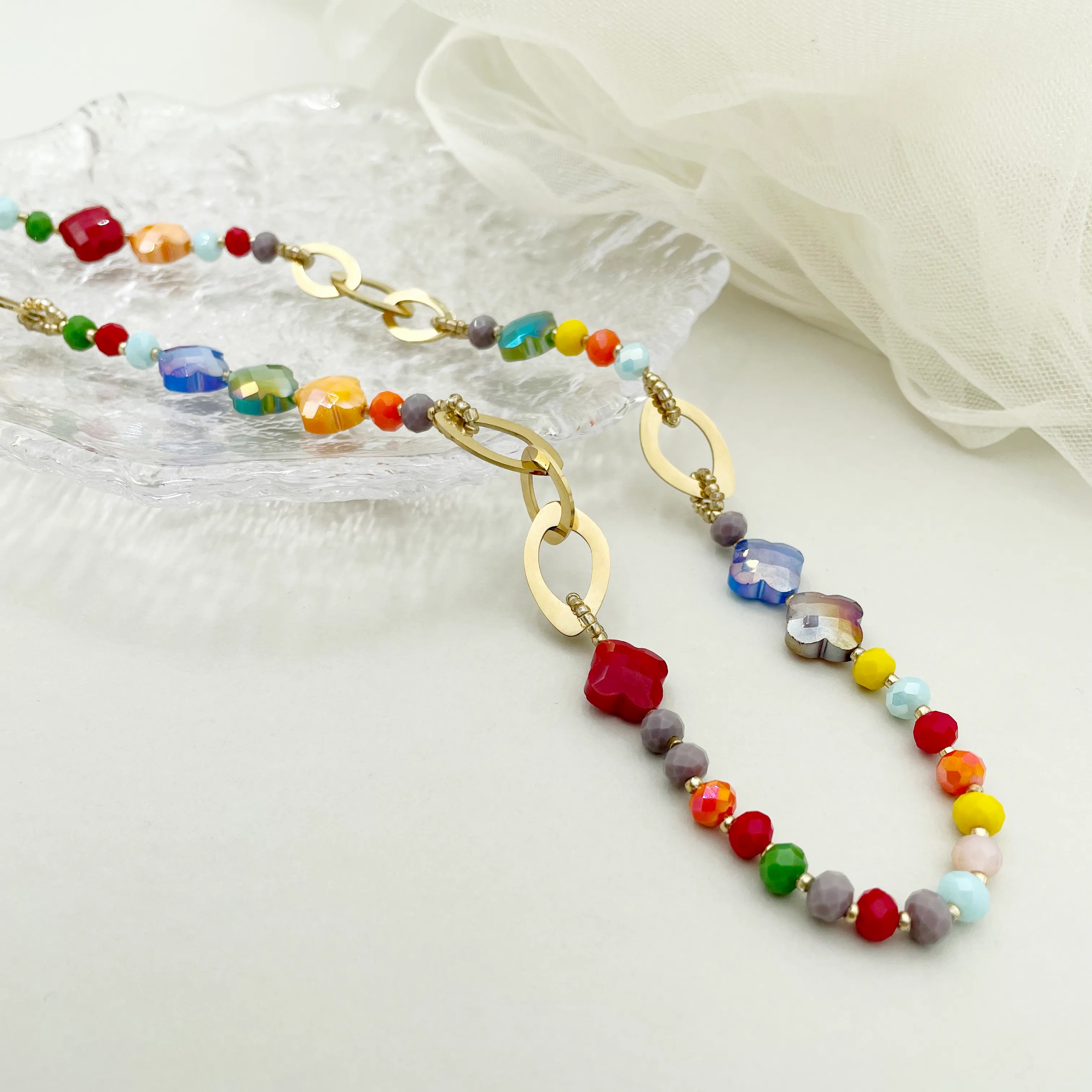 Hip-Hop Shiny Four Leaf Clover Stainless Steel Artificial Crystal Beaded Patchwork Plating Gold Plated Long Necklace_colorza_2