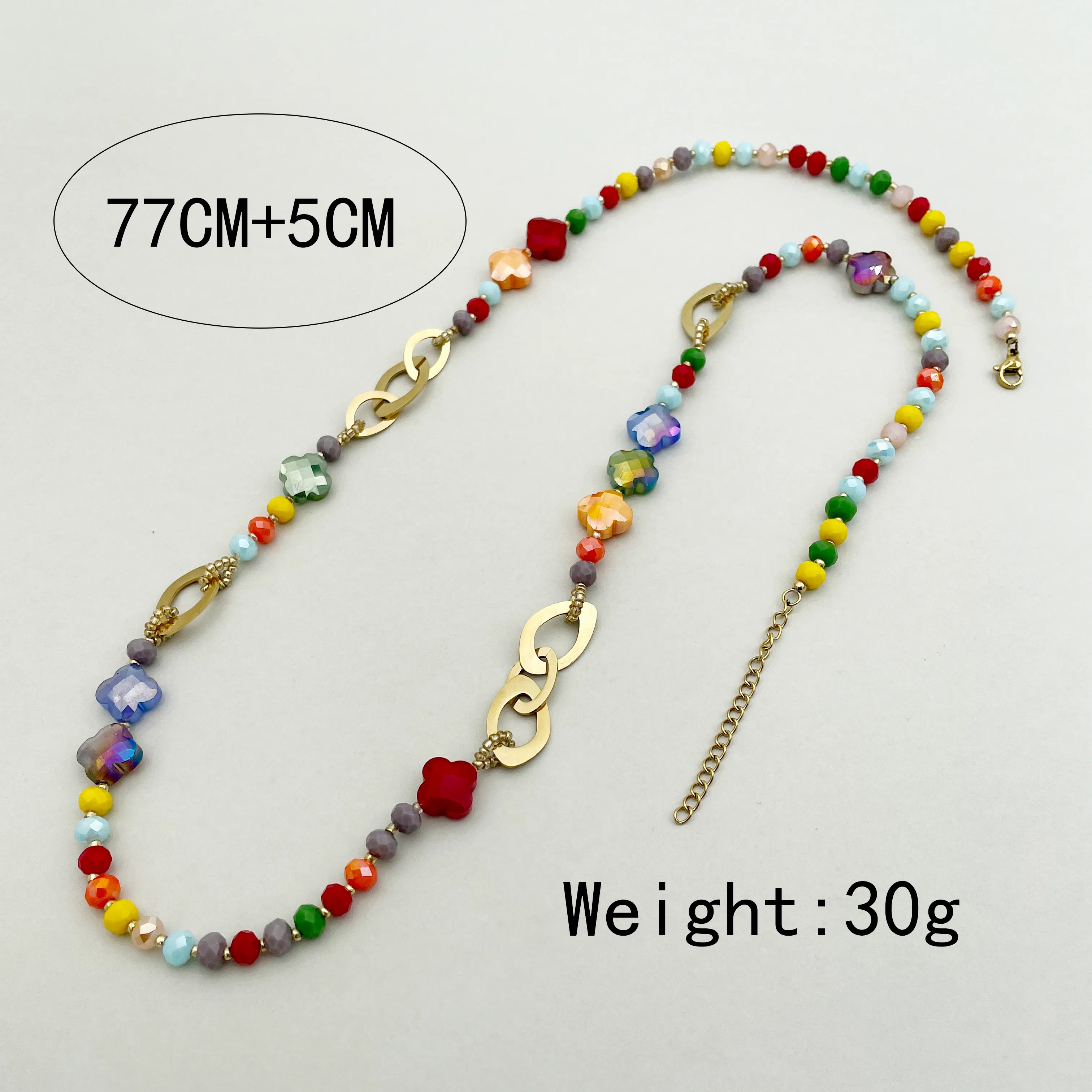 Hip-Hop Shiny Four Leaf Clover Stainless Steel Artificial Crystal Beaded Patchwork Plating Gold Plated Long Necklace_colorza_3