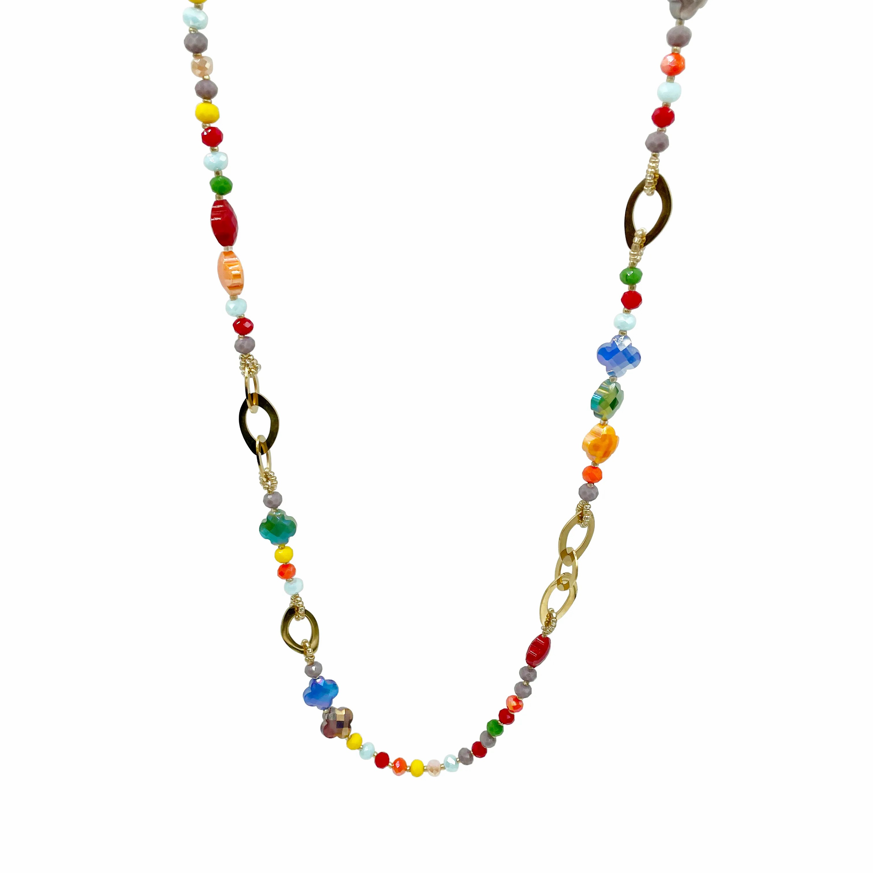 Hip-Hop Shiny Four Leaf Clover Stainless Steel Artificial Crystal Beaded Patchwork Plating Gold Plated Long Necklace_colorza_4