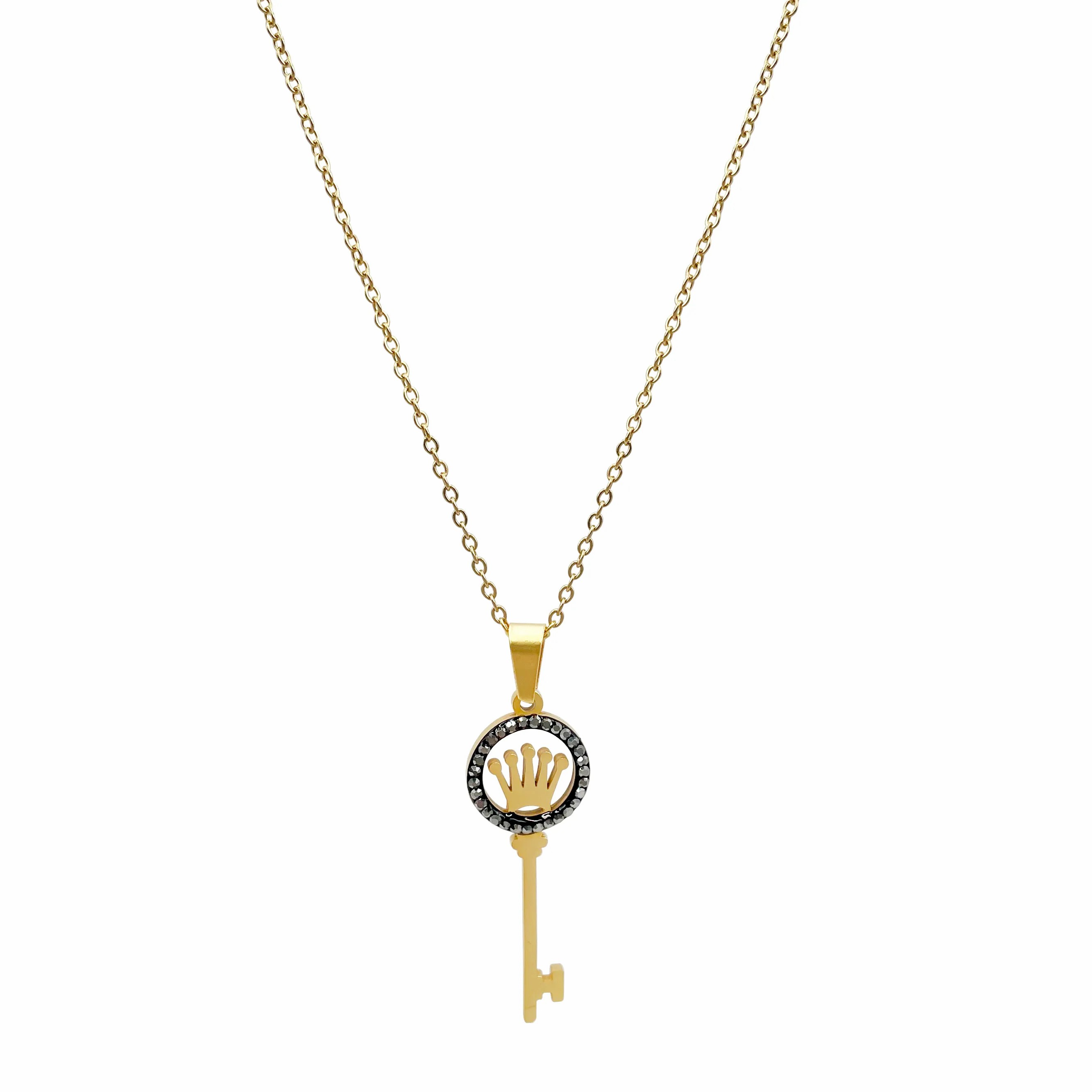 Elegant Luxurious Roman Style Crown Key Stainless Steel Polishing Plating Inlay Zircon Gold Plated Pendant Necklace_colorza_4