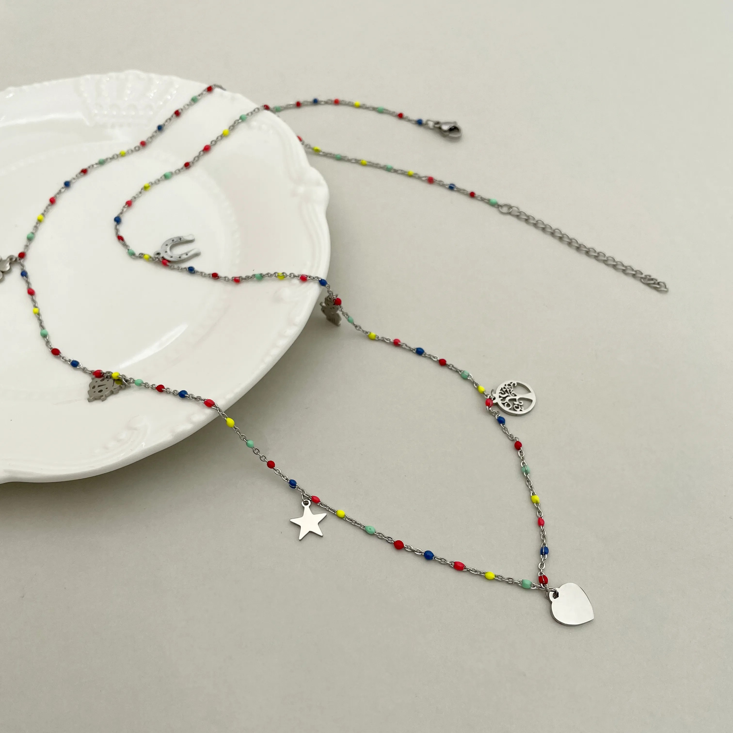 Casual Vacation Star Moon Heart Shape Stainless Steel Tassel Enamel Necklace_colorza_1