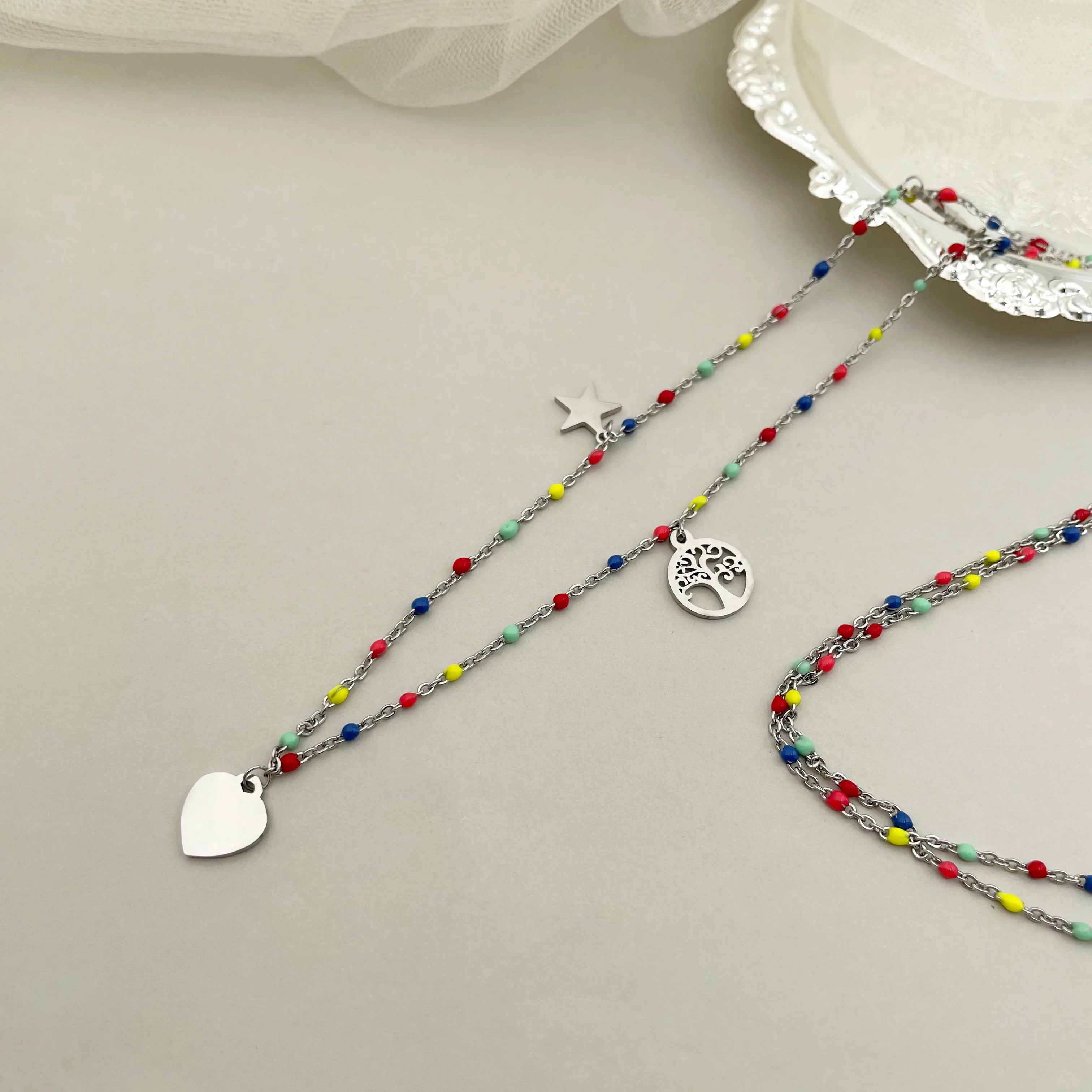 Casual Vacation Star Moon Heart Shape Stainless Steel Tassel Enamel Necklace_colorza_2