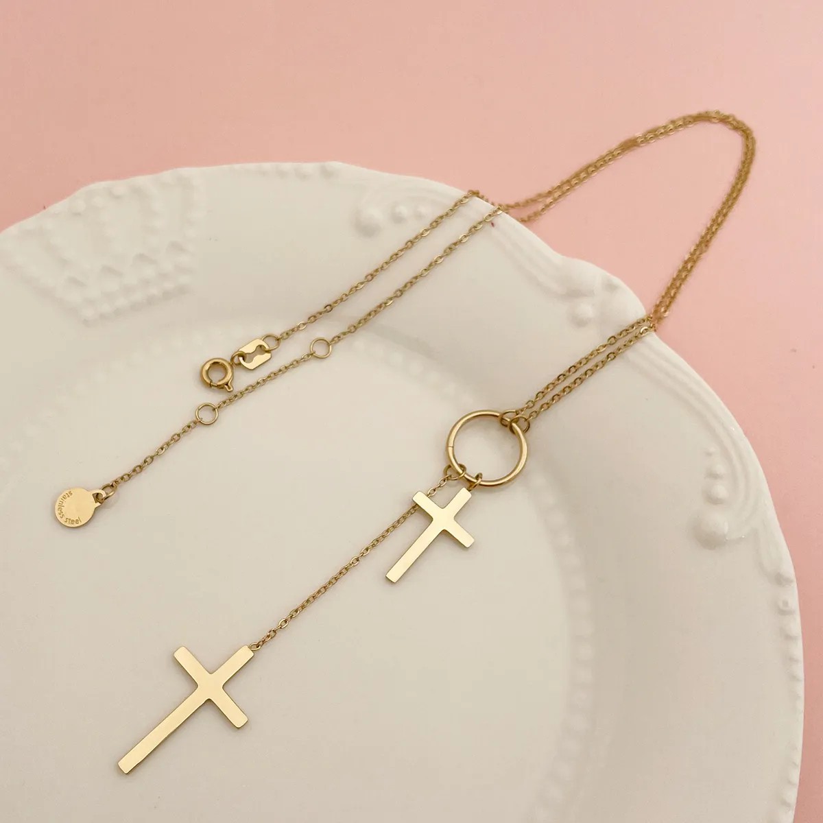 Elegant Sweet Artistic Cross Stainless Steel Polishing Tassel Plating Gold Plated Pendant Necklace_colorza_1