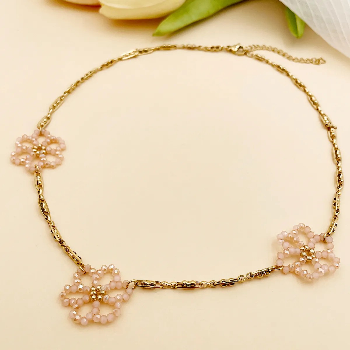 Lady Sweet Flower Stainless Steel Beaded Plating Gold Plated Necklace_colorza_1
